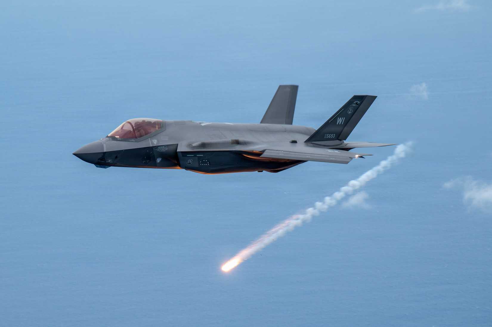 Air Force F-35A Lightning II aircraft assigned to the 115th Fighter Wing, Wisconsin Air National Guard, lets off flares.
