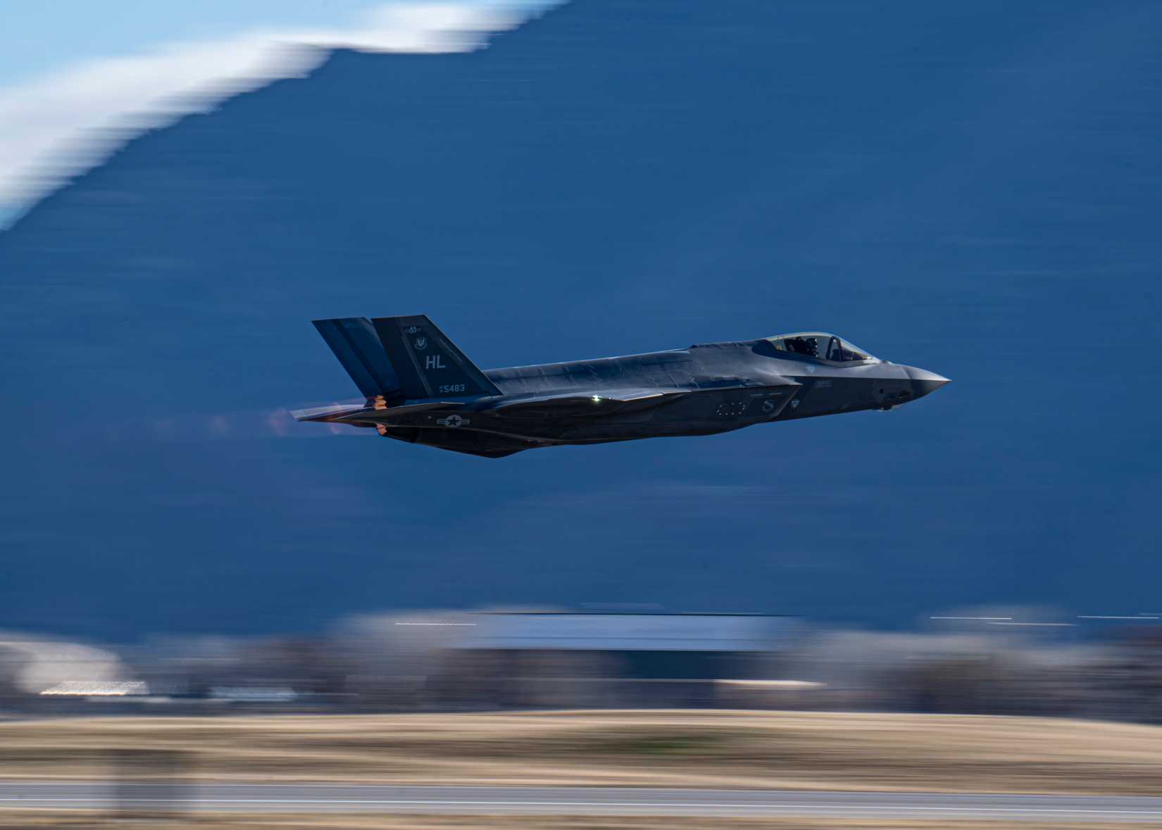 Air Force Maj. Melanie “Mach” Kluesner, pilot for the F-35A Demonstration Team, takes off.
