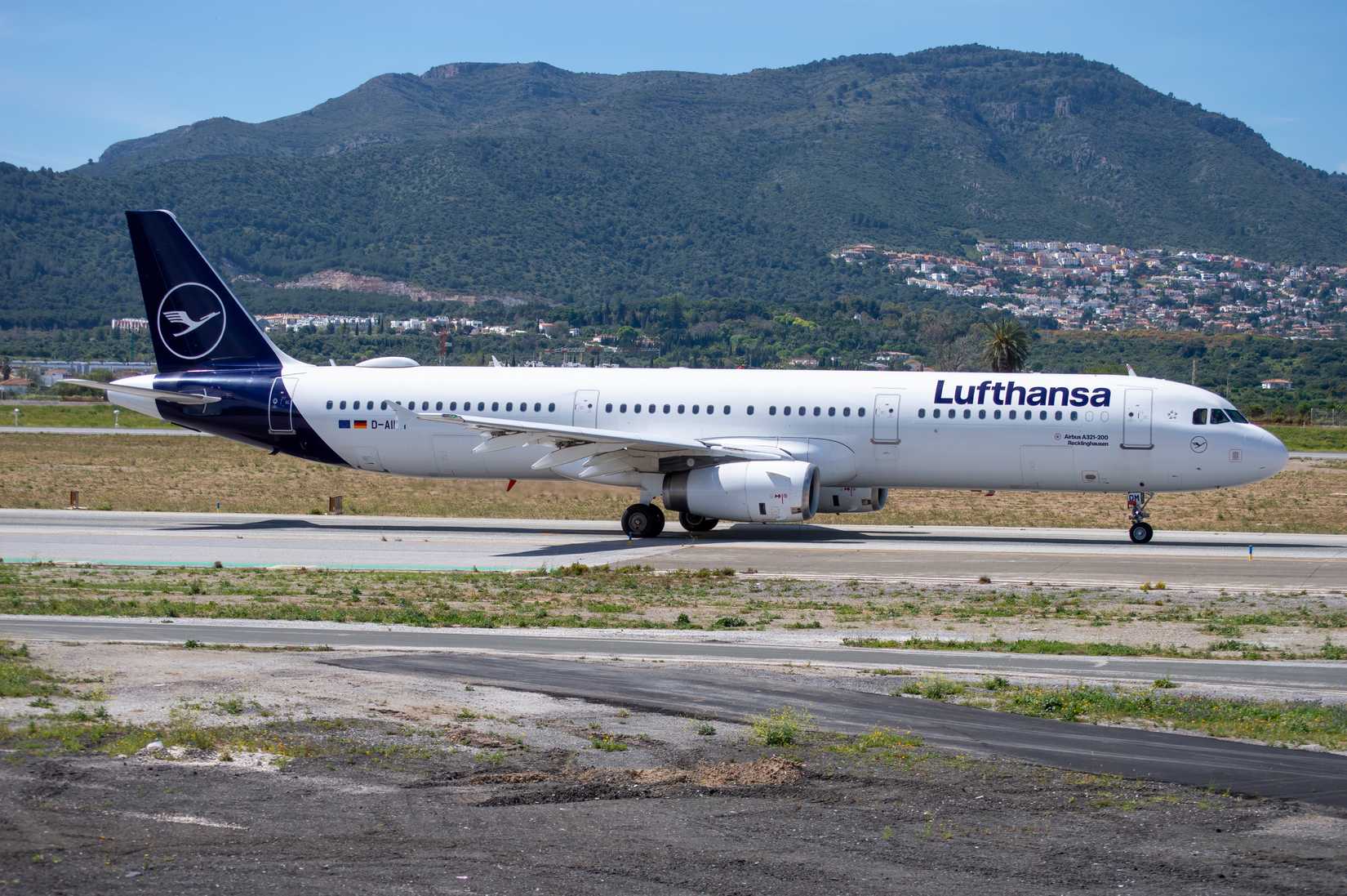 Airbus A321 airliner of German airline Lufthansa taxiing for takeoff at Malaga Costa del Sol airport.