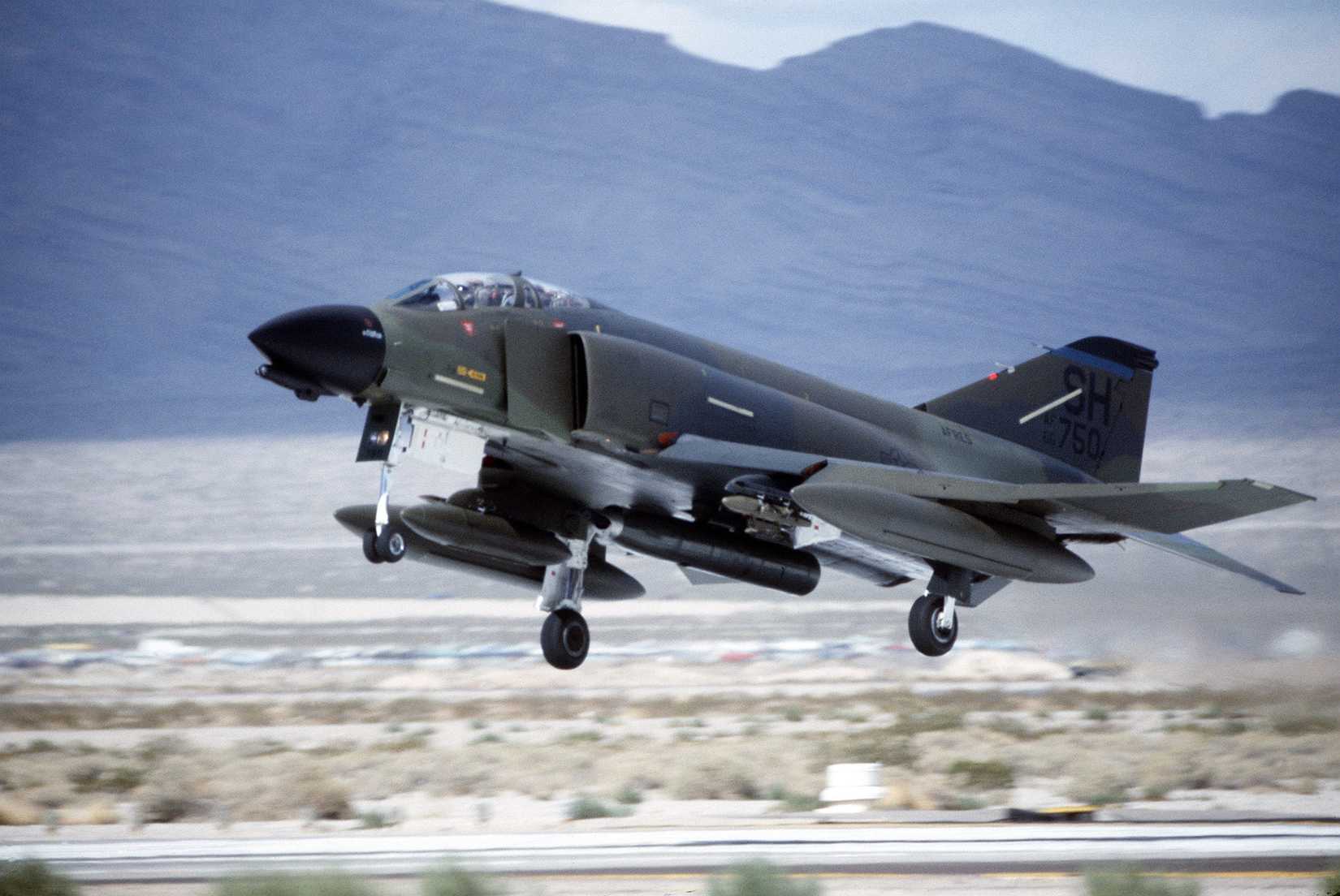 An Air Force Reserve F-4 Phantom II aircraft lands during Exercise GUNSMOKE '85.