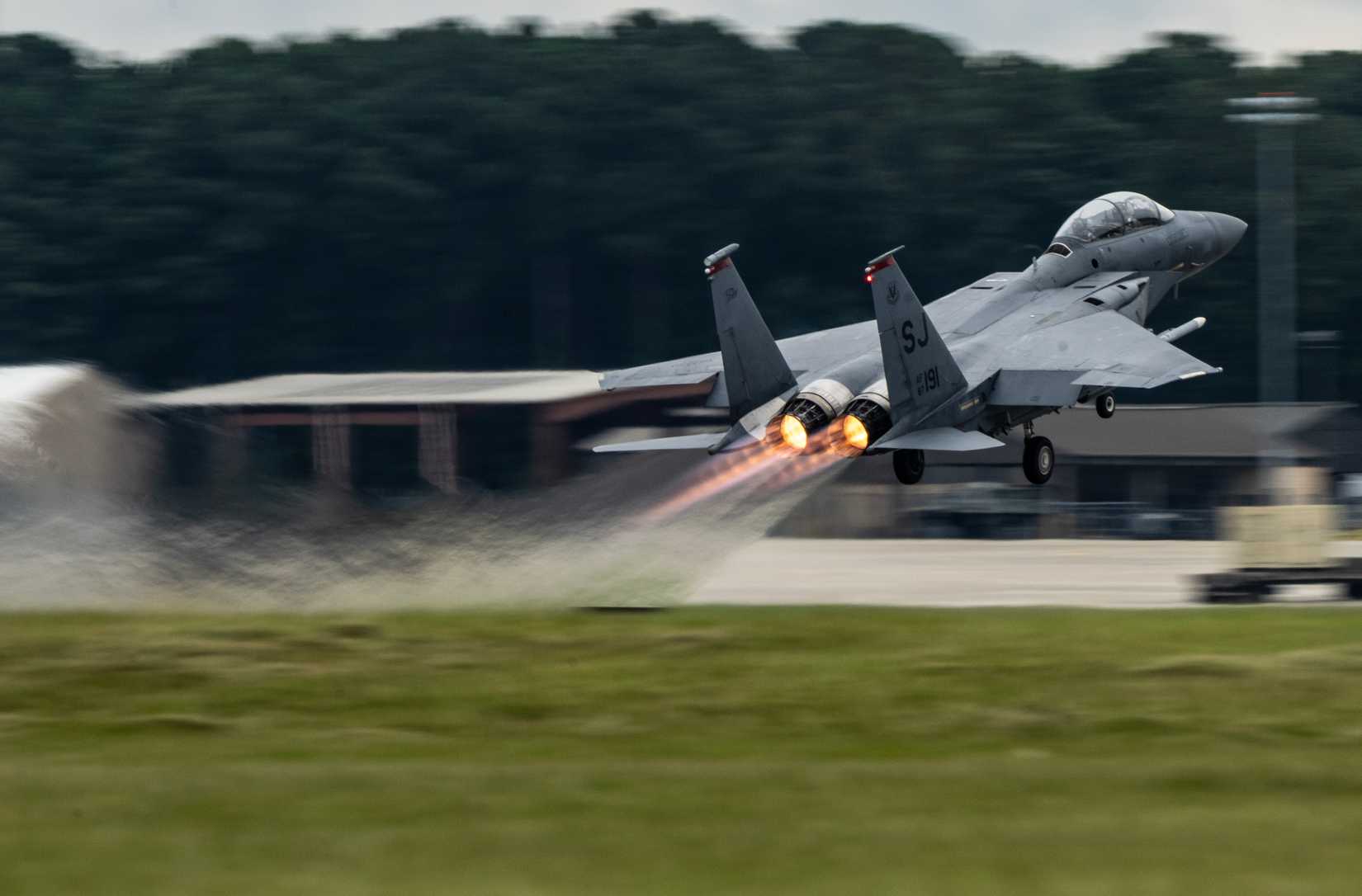 An F-15E Strike Eagle takes-off for a training sortie at Seymour Johnson Air Force Base.