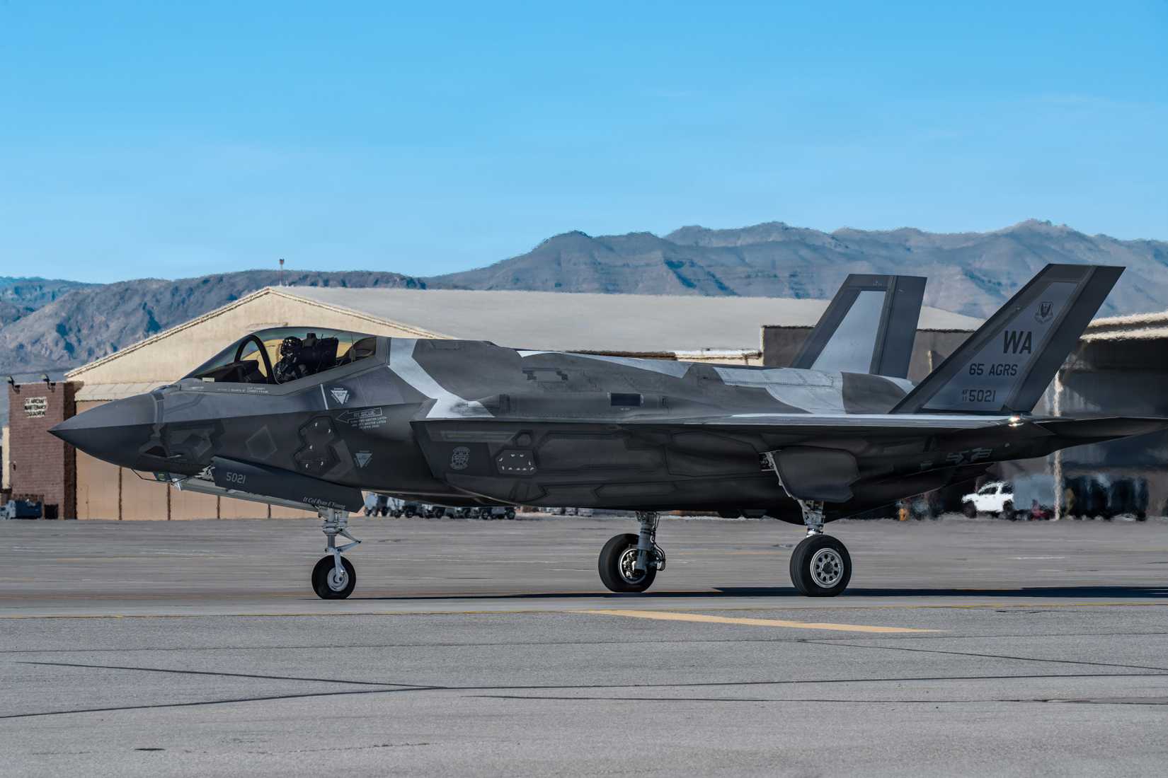An F-35A Lightning II, assigned to the 65th Aggressor Squadron, taxis out for a mission during Red Flag-Nellis 26-1.