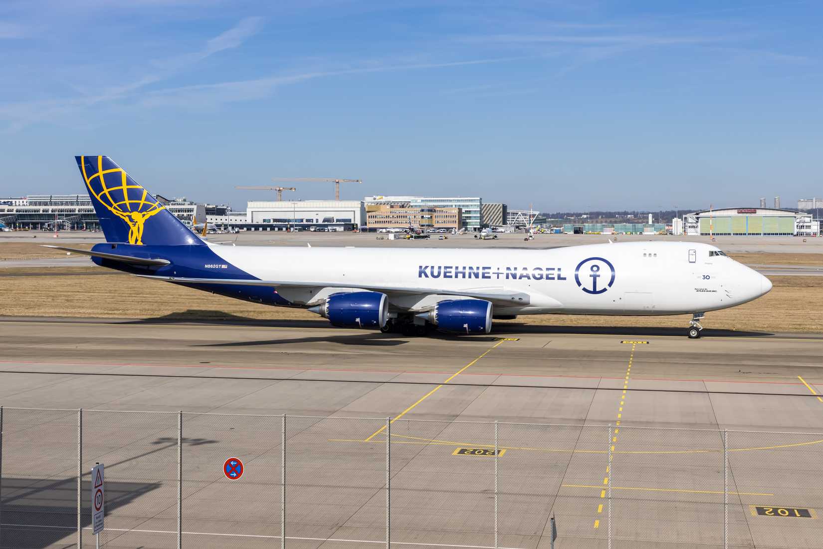 Atlas Air Kuehne + Nagel Boeing 747-8F airplane at Stuttgart airport in Germany.