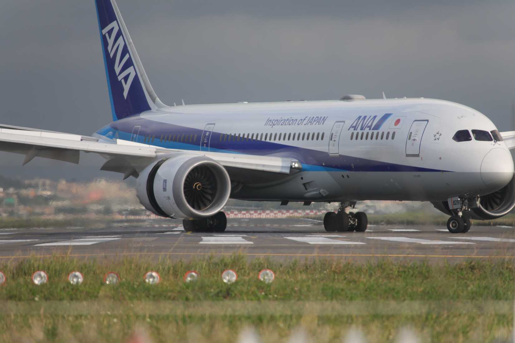 Boeing 787 Dreamliner taxiing on the runway.