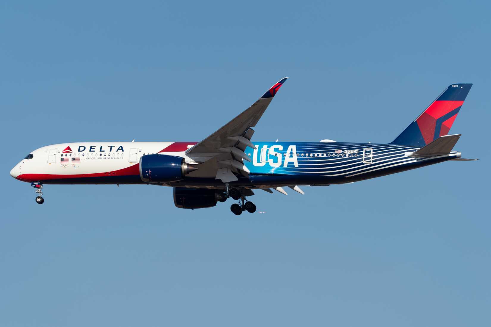 Delta Air Lines' Airbus A350-941 featuring TEAM USA Olympic Winter Games 2026 livery.