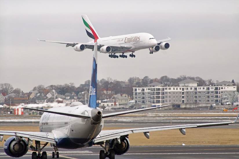 Emirates A380 on final approach to Boston
