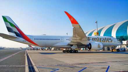 Emirates Airbus A350-900 on stand in Dubai