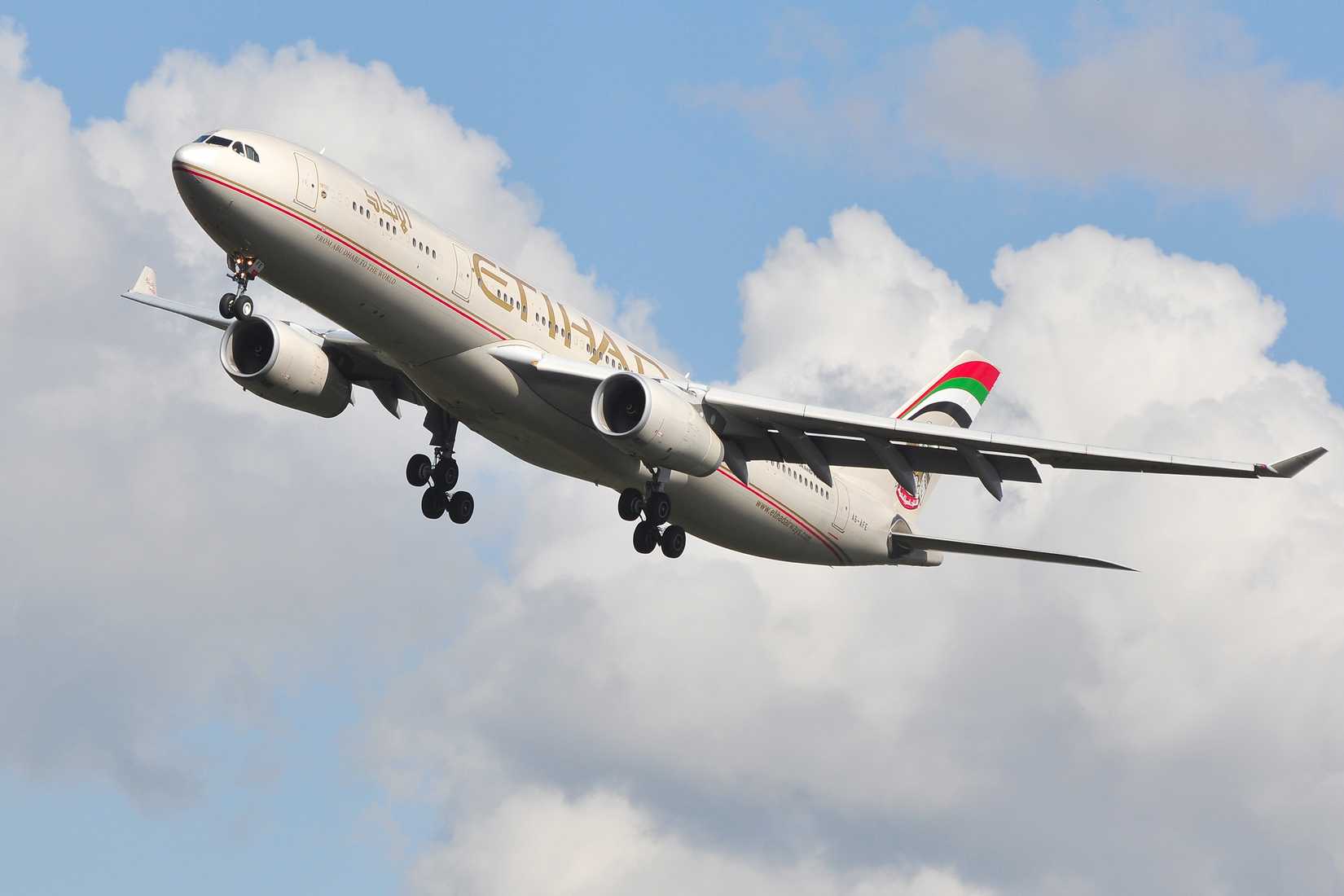 ETIHAD Airways Airbus A330-300 over airport on April 7,2016 in Frankfurt,Germany.