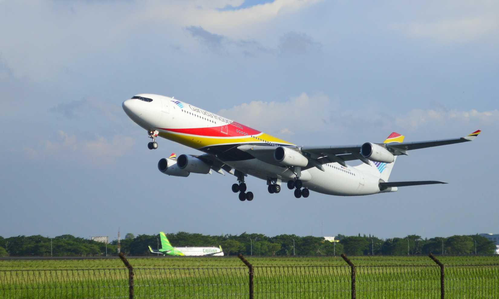 Garuda Indonesia Airbus A340-300 YR-LRD take off from Kualanamu International Airport (KNO).