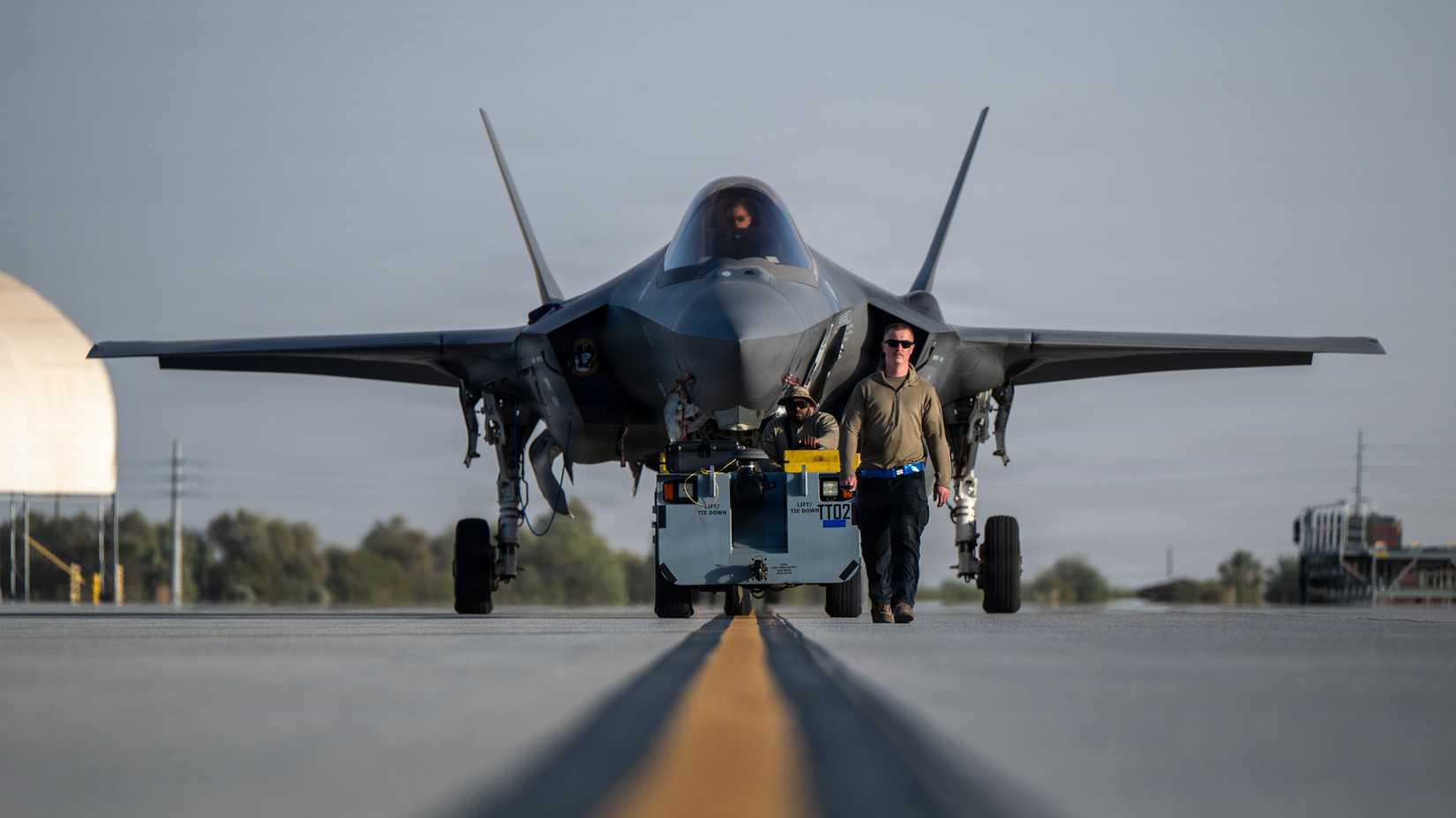 irmen assigned to the 95th Fighter Generation Squadron tow an F-35A Lightning II during exercise Bamboo Eagle 26-1.