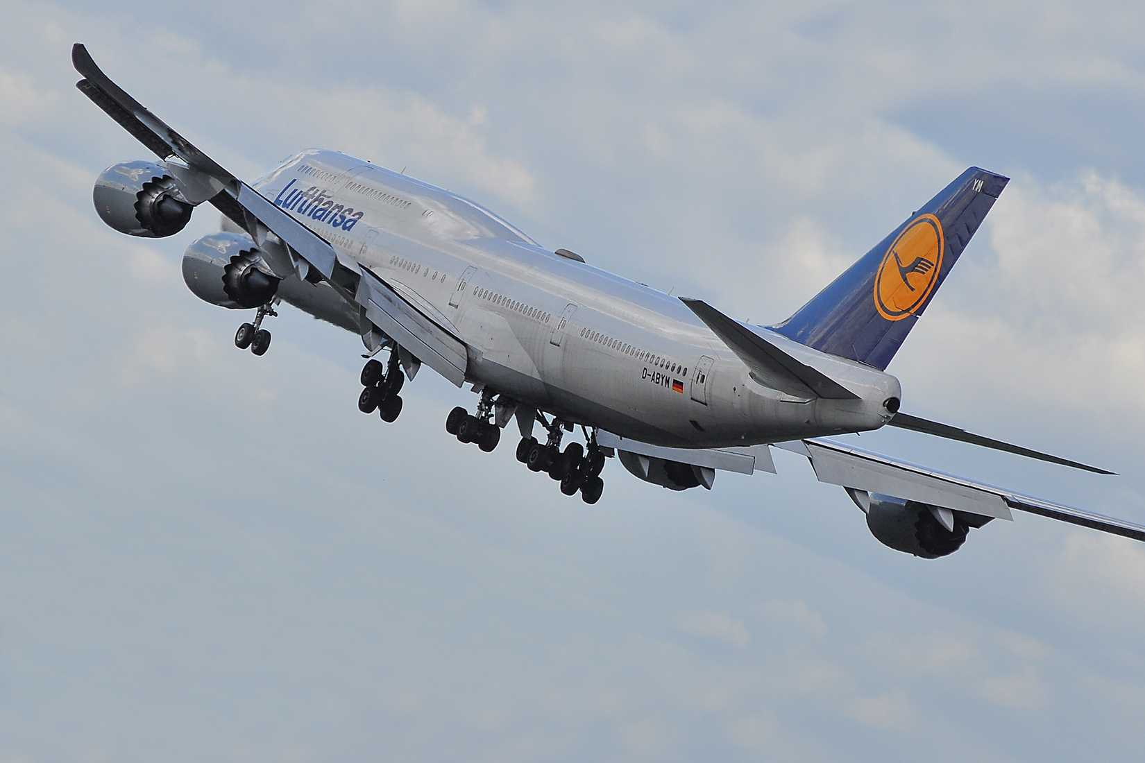 LUFTHANSA Airlines Boeing 747-8 over Frankfurt airport.