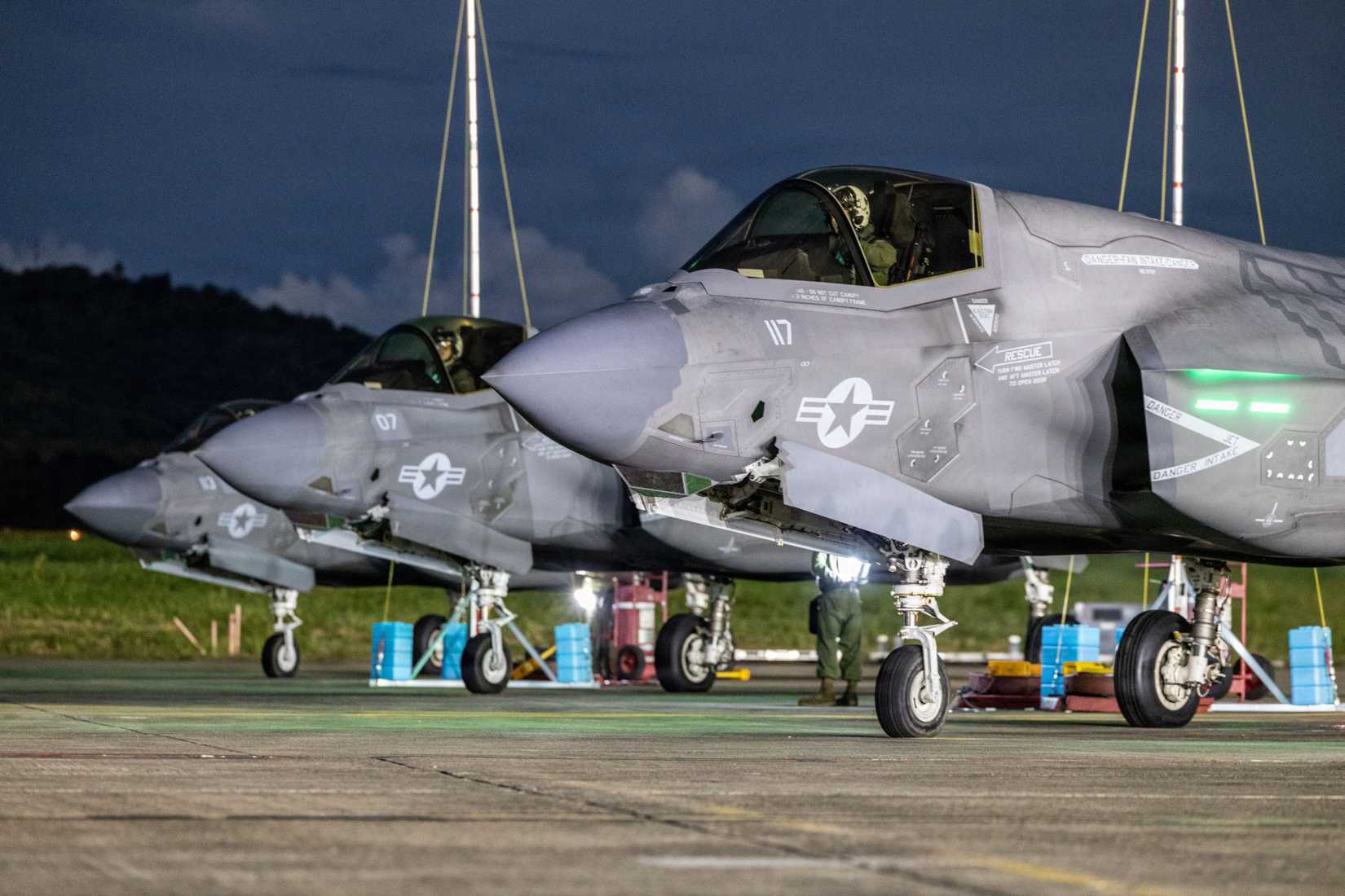 Marine Corps F-35B Lightning II aircraft are prepared for takeoff at Jose Aponte de la Torre Airport.