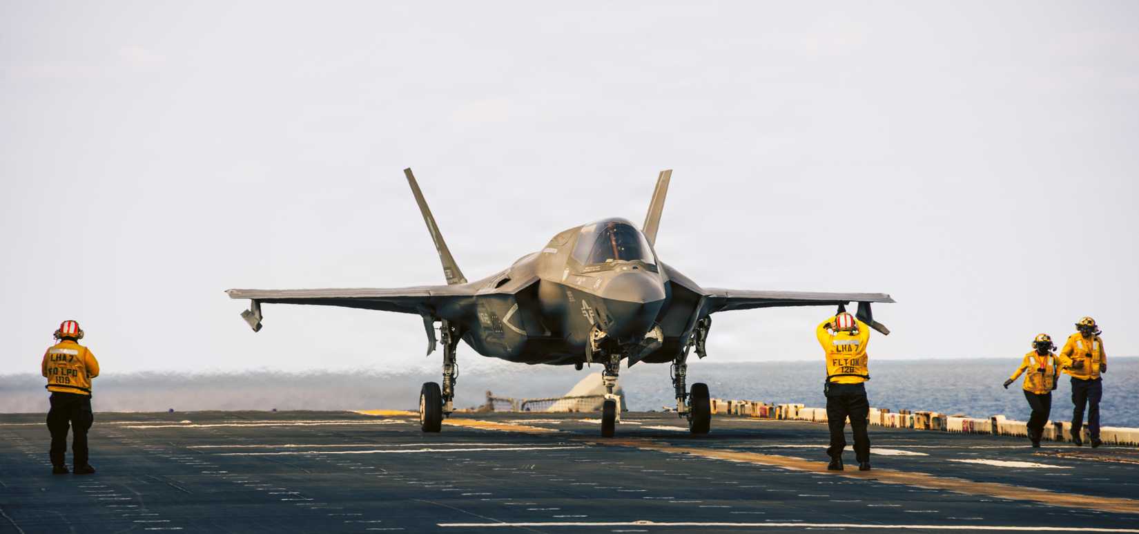 Marine Corps F-35B Lightning II assigned to Marine Fighter Attack Squadron (VMFA) 121, 31st Marine Expeditionary Unit, prepares to take off.