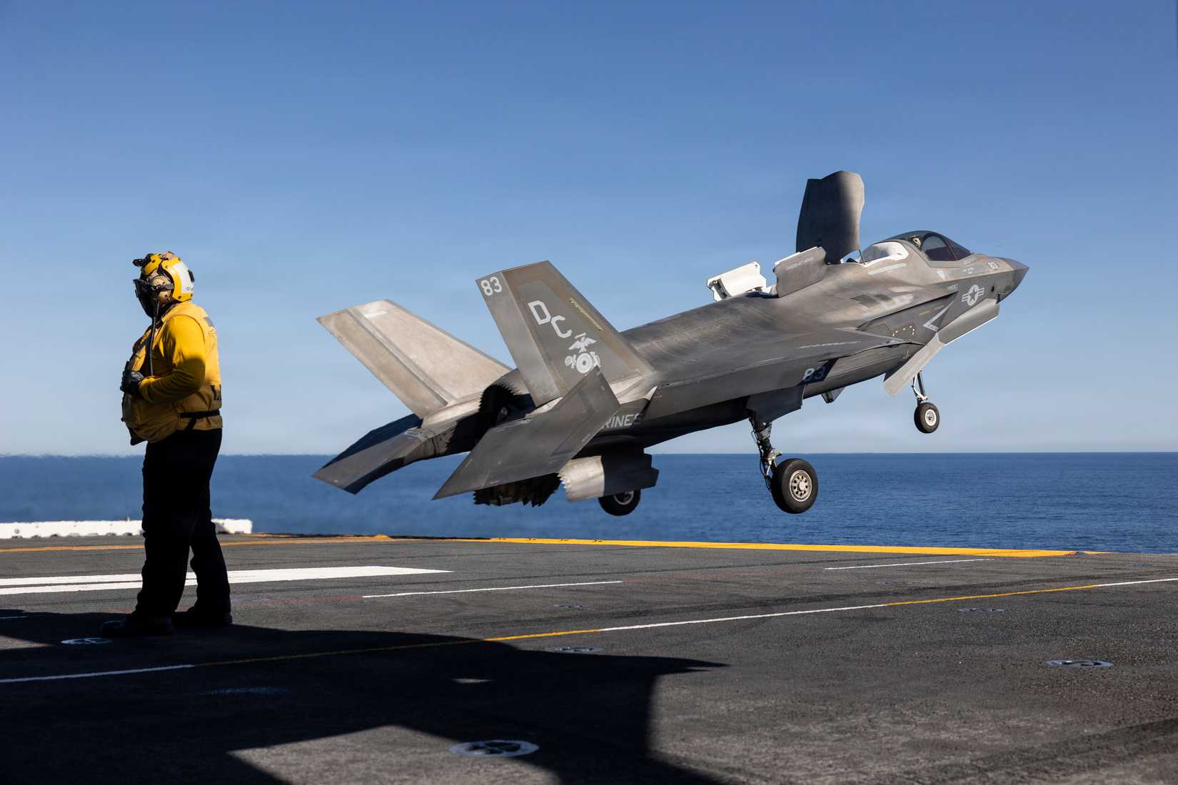 Marine Corps F-35B Lightning II with Marine Fighter Attack Squadron (VMFA) 122, 11th Marine Expeditionary Unit, takes off during flight deck operations.