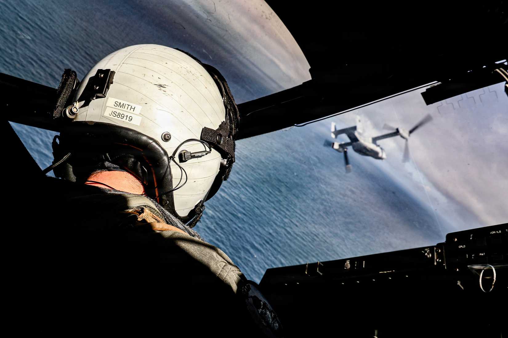Marine pilot with Marine Medium Tiltrotor (VMM) 263 (Reinforced), 22nd Marine Expeditionary Unit (Special Operations Capable) flies a MV-22 Osprey.