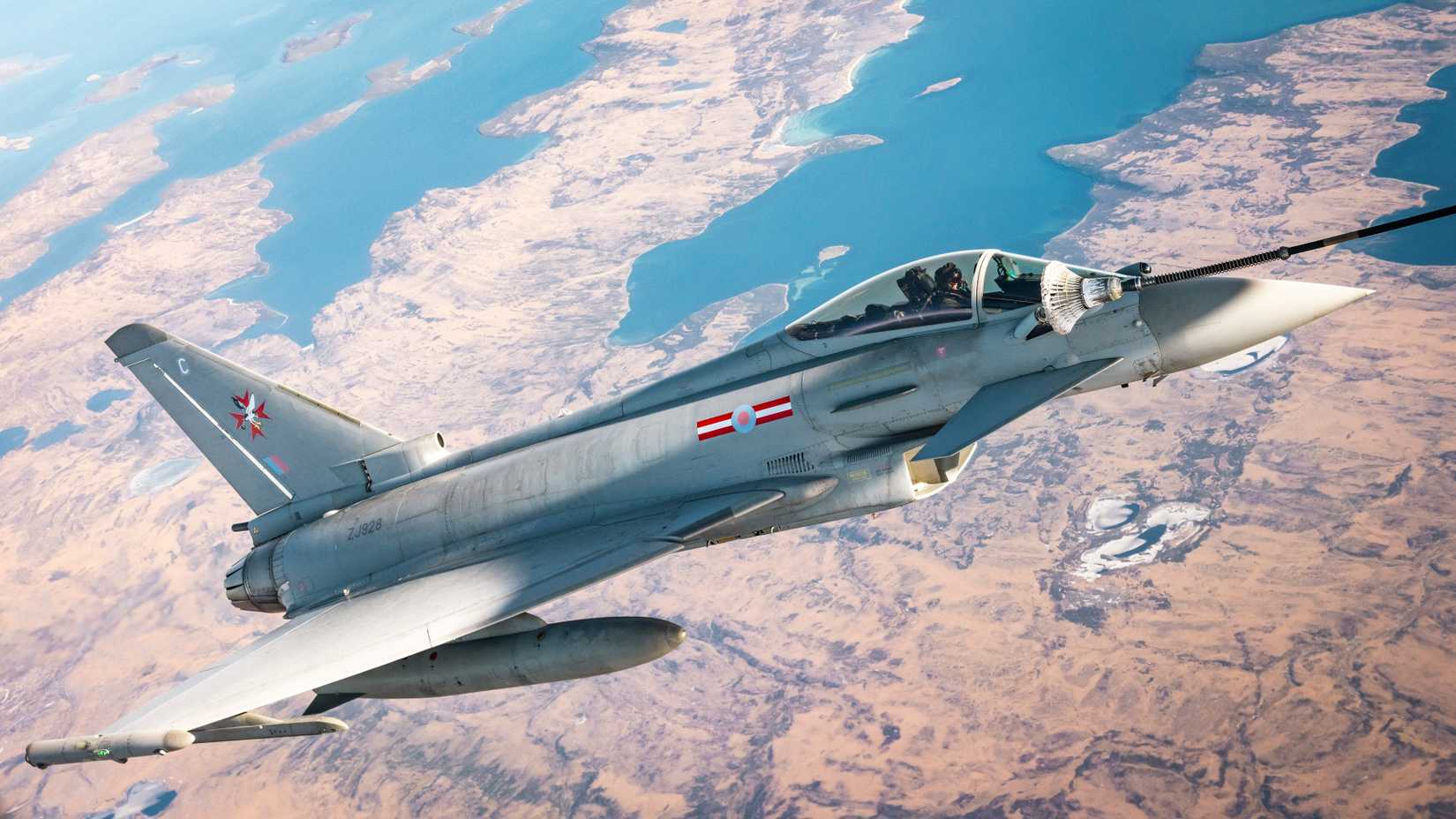 RAF Eurofighter Typhoon refuels in mid-air.
