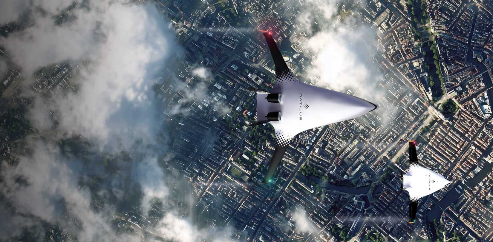 Rendered, the Natilus Horizon flies in the foreground with the Kona below.