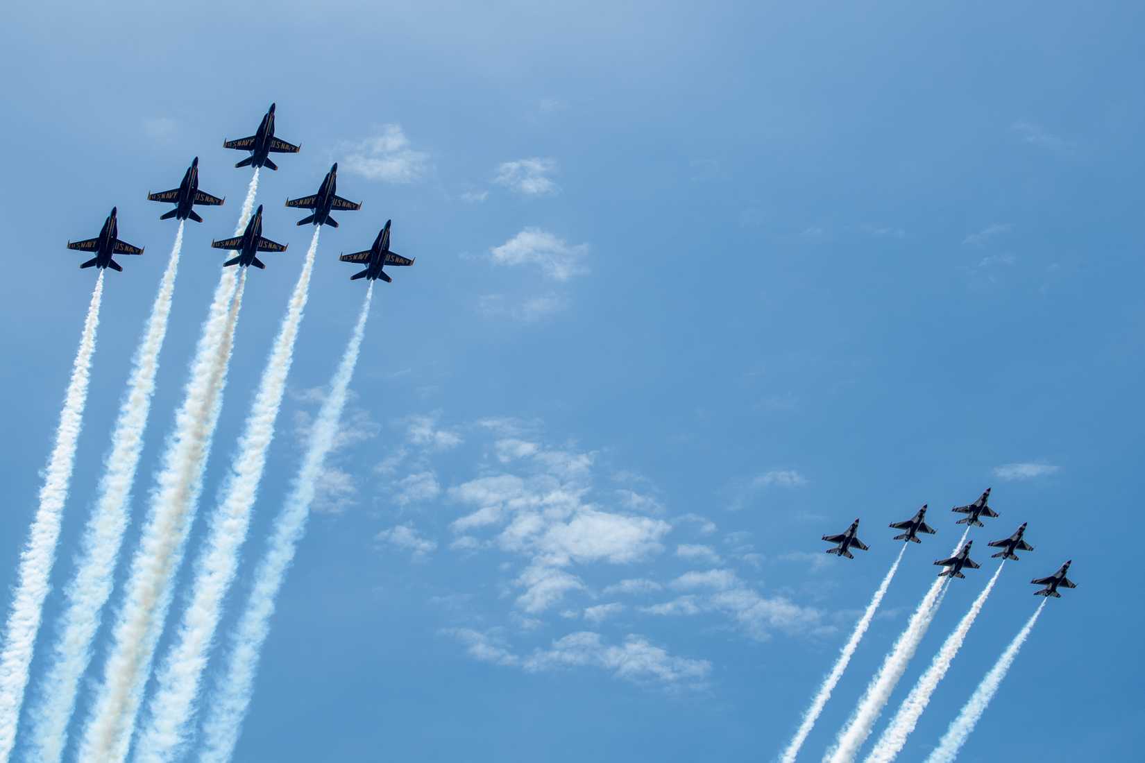 US Navy Blue Angels and US Air Force Thunderbirds Fly Over the National Mall in Washington DC