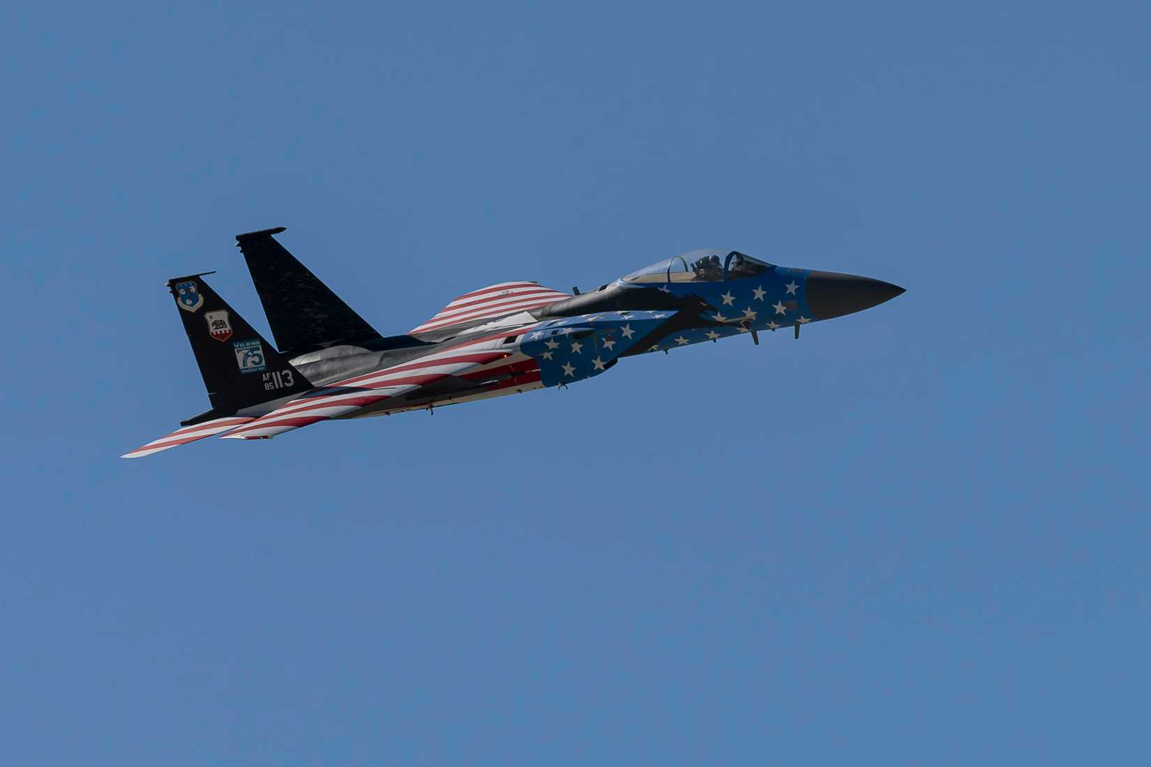 USAF F-15 Fighters Jet In Special US Flag Livery Flying Low Level on the Sidewinder-D low-level path.