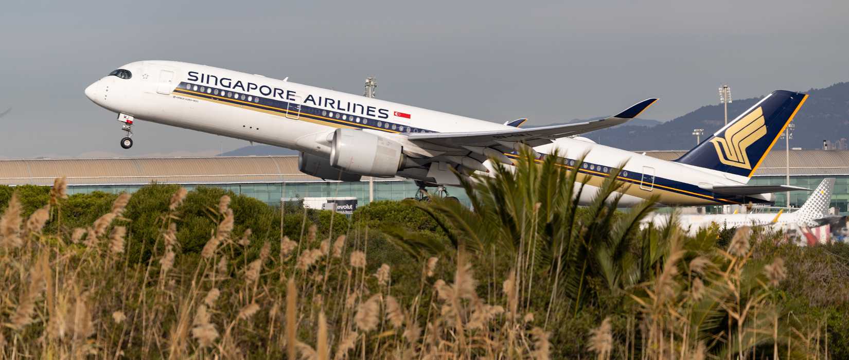 Singapore Airlines Airbus A350-900 takes off from Barcelona-El Prat Airport.
