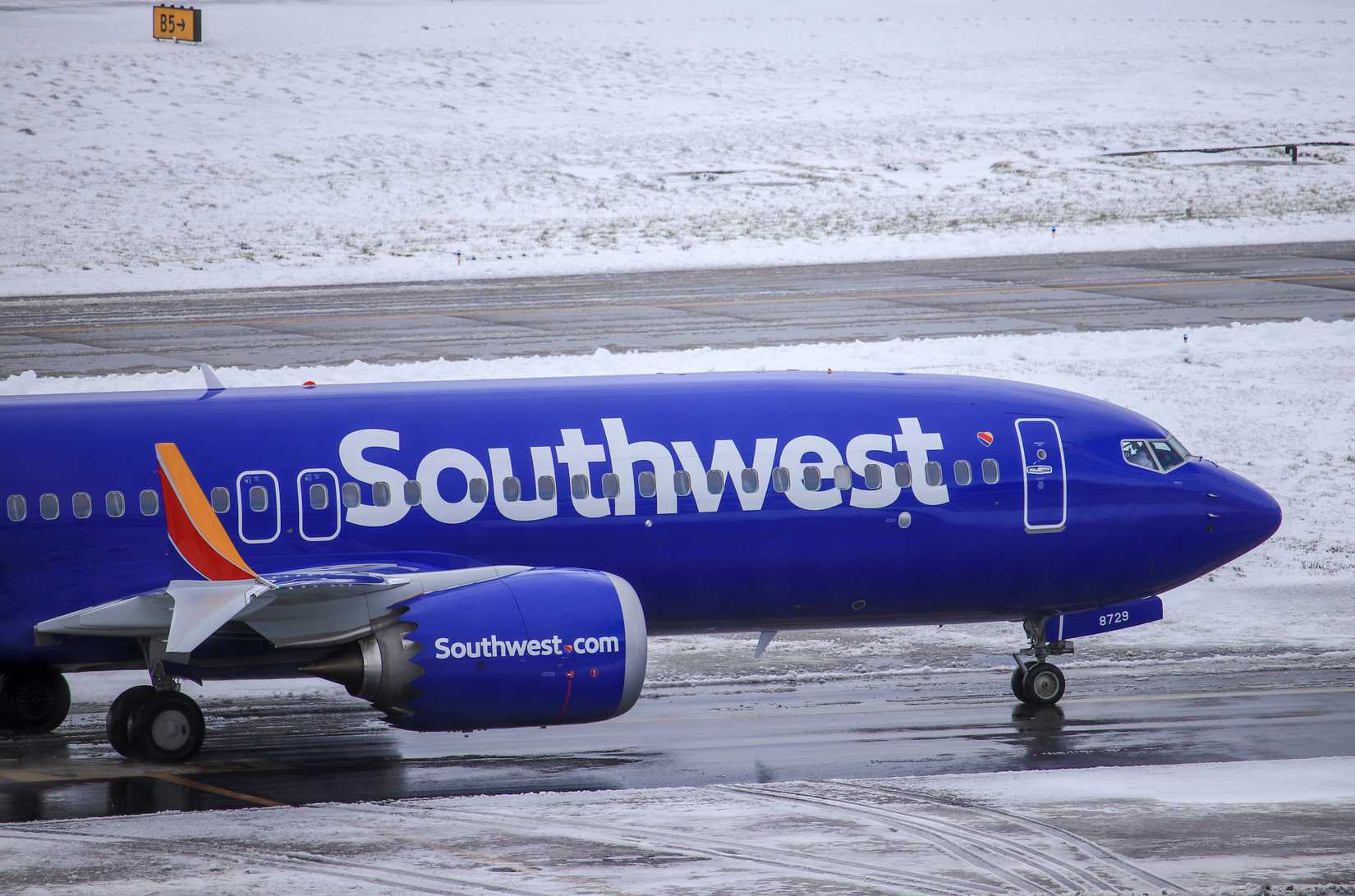 Southwest Airlines Boeing 737 MAX 8 taxiing to the gate after landing at Portland International Airport (PDX).