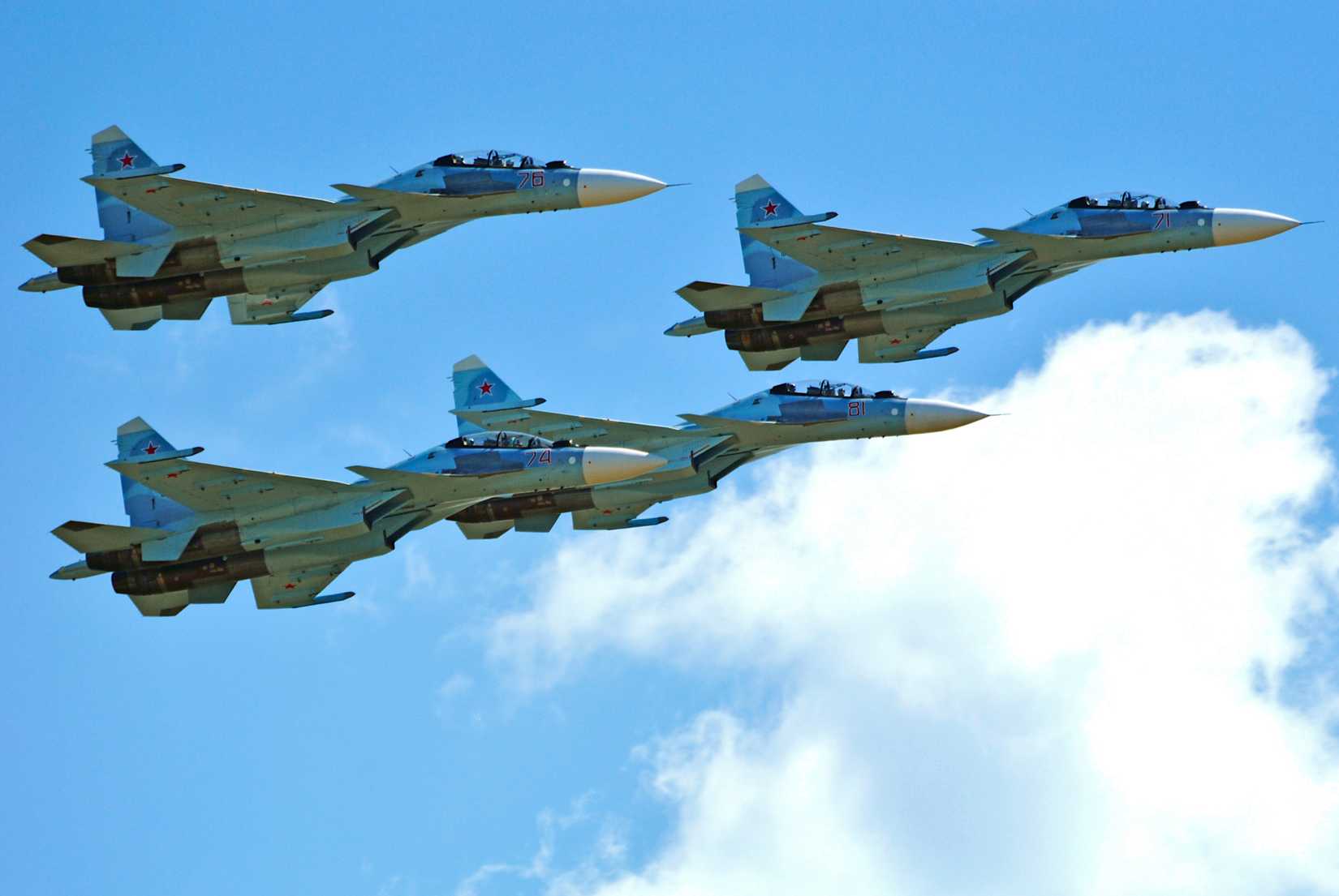 Four Sukhoi Su-30SM flying in formation over Kubinka, Russia 2018