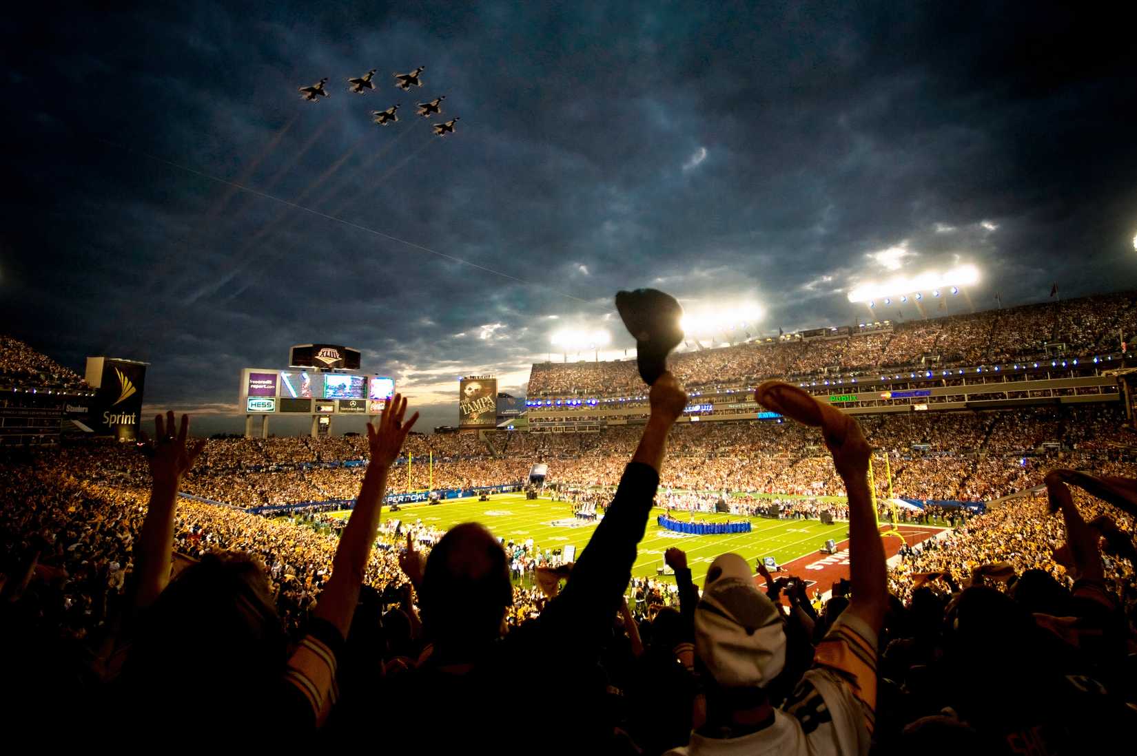  The U.S. Air Force Thunderbirds fly over Superbowl XLIII prior to kickoff in Tampa, Florida, United States