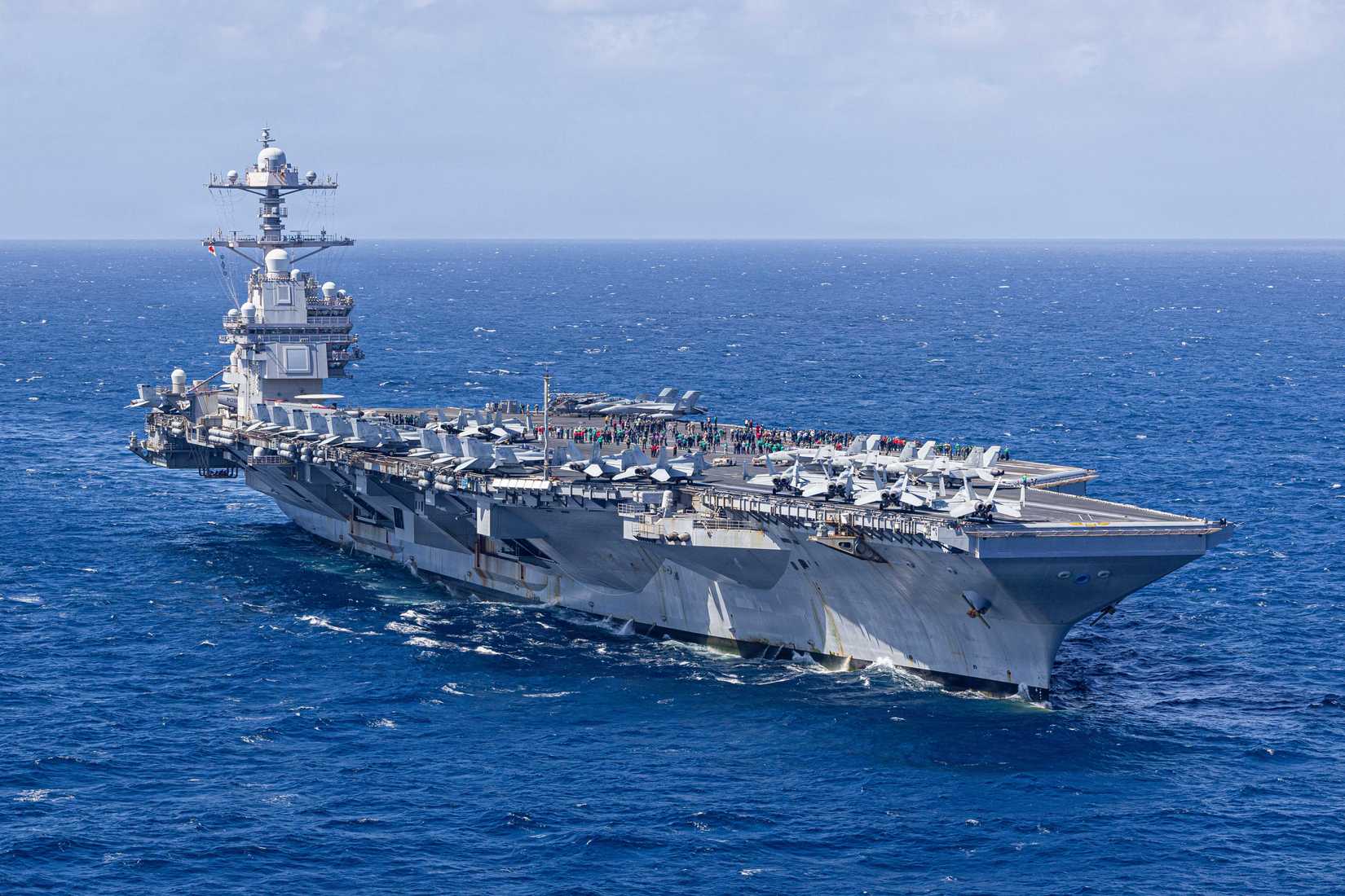 The world’s largest aircraft carrier, Ford-class aircraft carrier USS Gerald R. Ford (CVN 78), transits the Caribbean Sea.