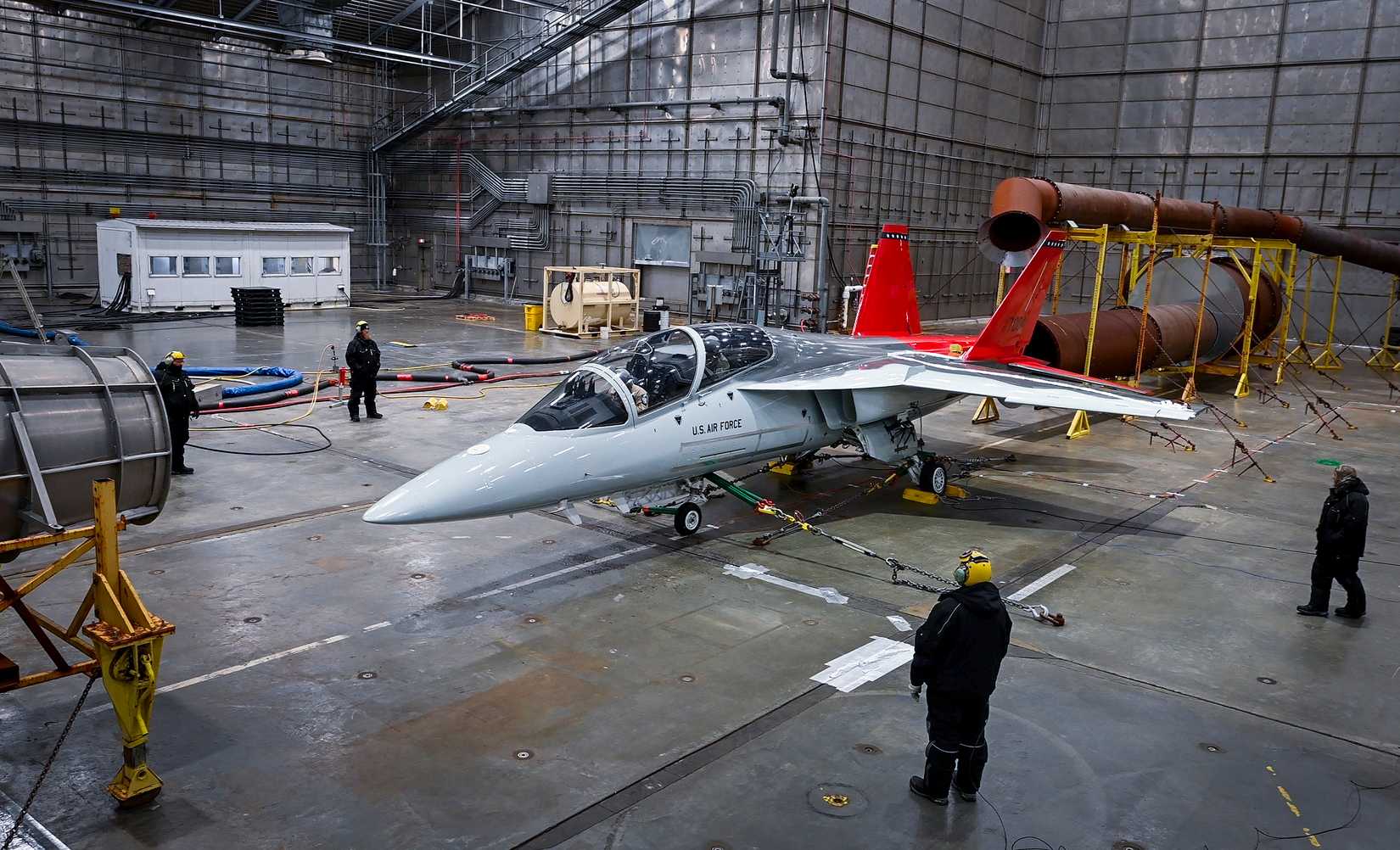 The_T-7A_Red_Hawk_maintenance_team_prepares_the_aircraft_for_a_high_wind_cloud_test_in_the_McKinley_Climatic_Lab_May_30_at_Eglin_Air_Force_Base,_Florida