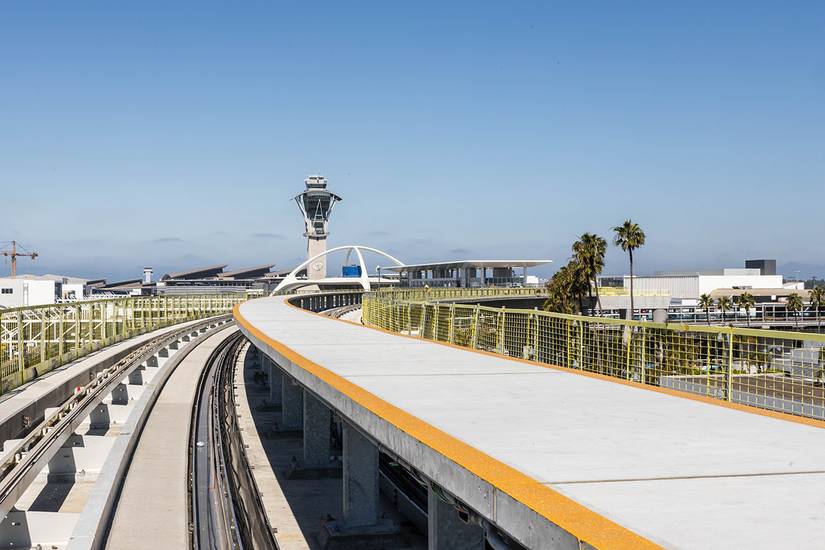 Travelers on LAX's People Mover train witness this view of the Theme Building as they enter or depart from the airport's Central Terminal Area (CTA).