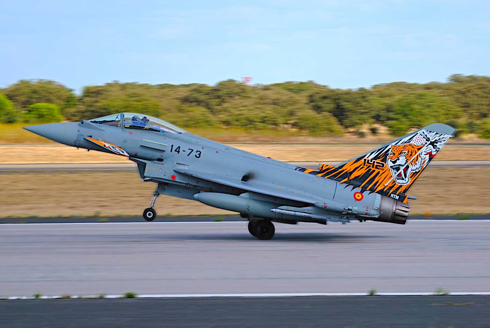 Eurofighter Typhoon of Spanish Air Force landing after a sortie at NATO Tiger Meet 2025 in Beja Airbase, Portugal