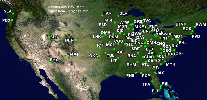 UA airports with 10% or more flights from ORD