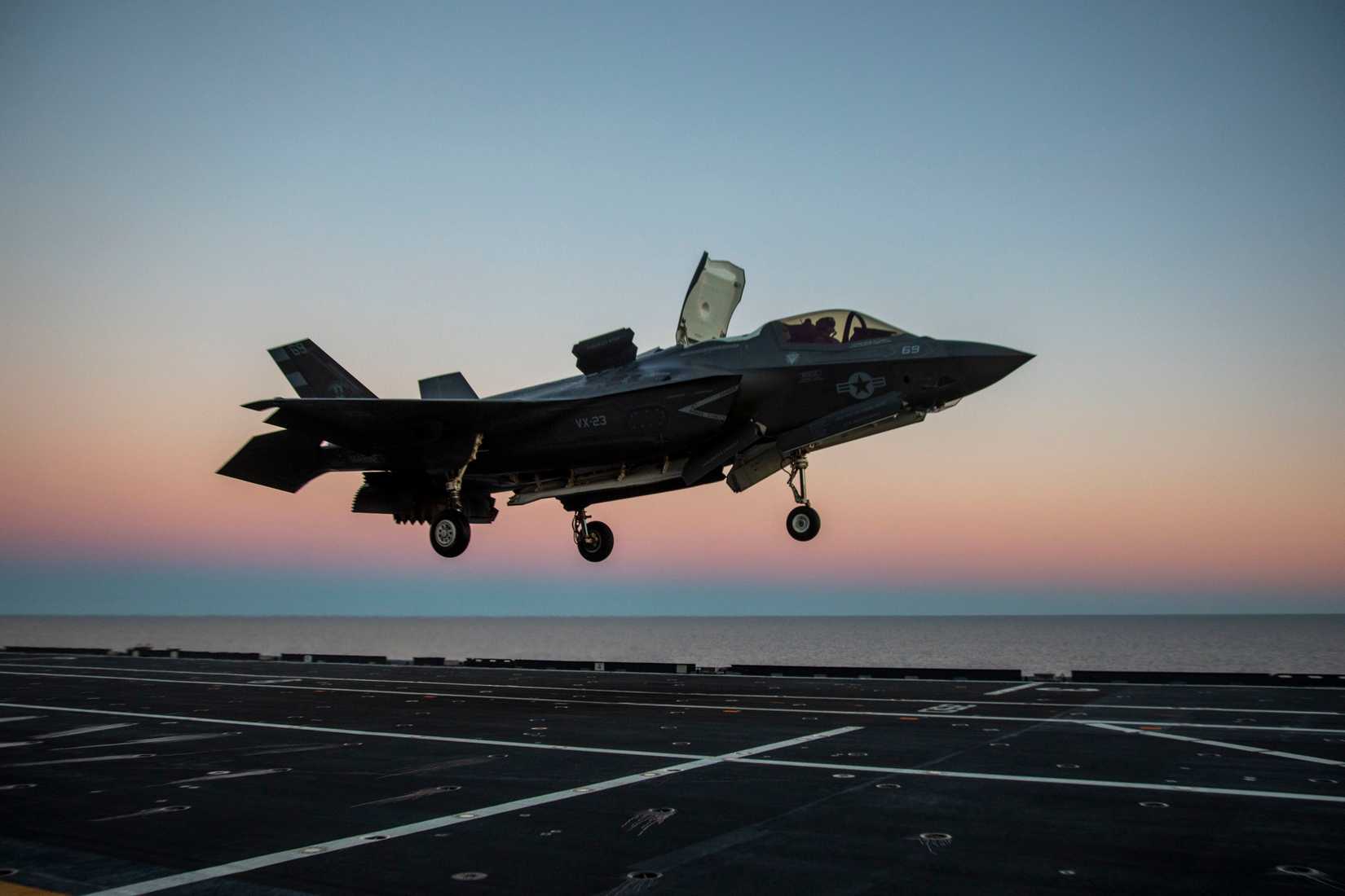 ATLANTIC OCEAN (March 3, 2021) F-35 test pilot U.S. Marine Maj. Brad Leeman performs a vertical landing (VL) aboard Italian aircraft carrier ITS Cavour (CVH 550). Leeman is performing carrier qualifications on the Italian navy flagship, which is currently conducting sea trials with the F-35B short takeoff and vertical landing (STOVL) variant of the fifth-generation fighter aircraft.