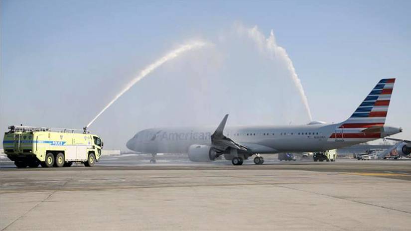 American Airlines Airbus A321xlr water cannon