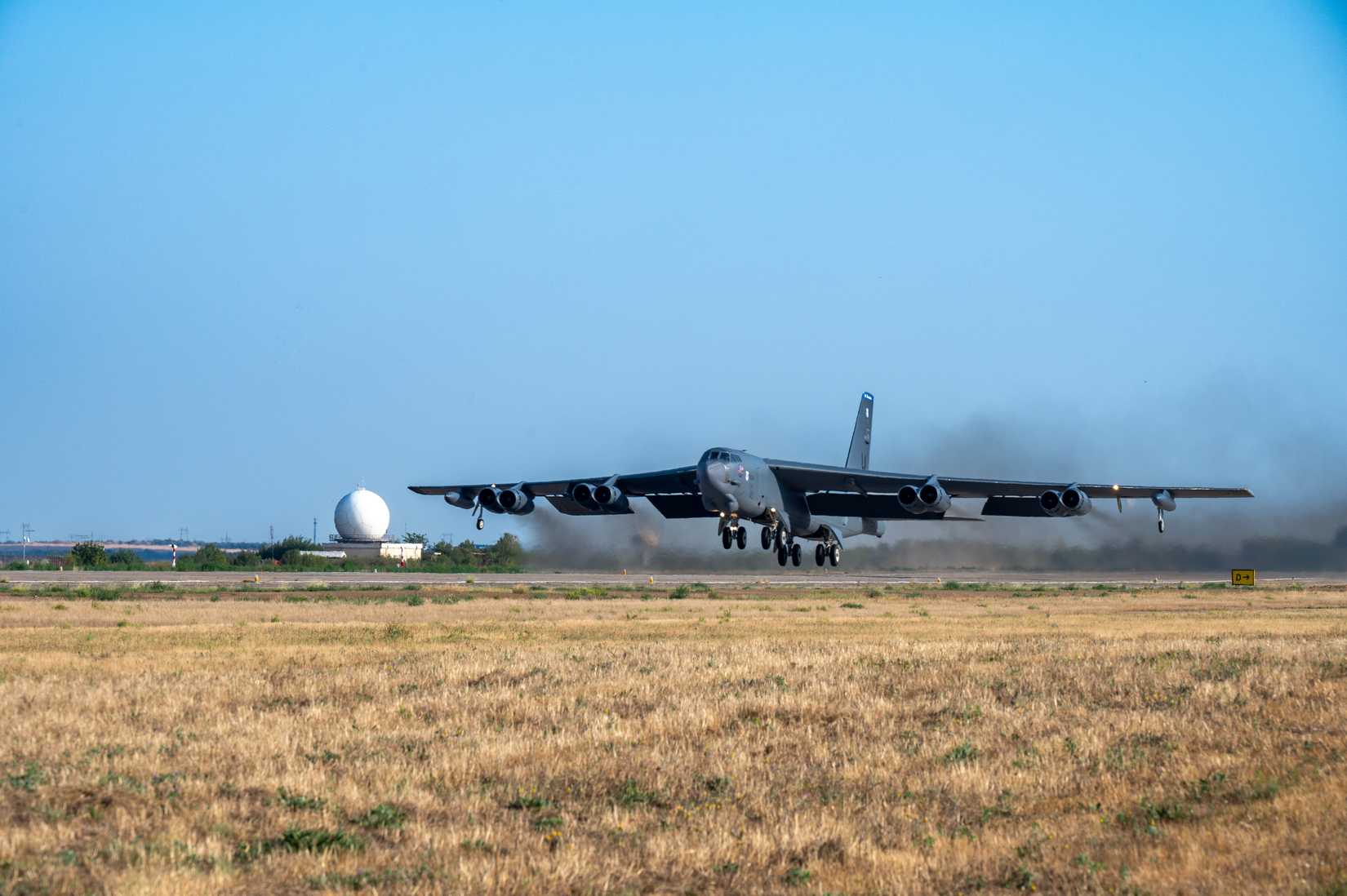 A B-52H Stratofortress from the 20th Bomb Squadron, Barksdale Air Force Base, La., takes off from Mihail Kogălniceanu Air Base, Romania.