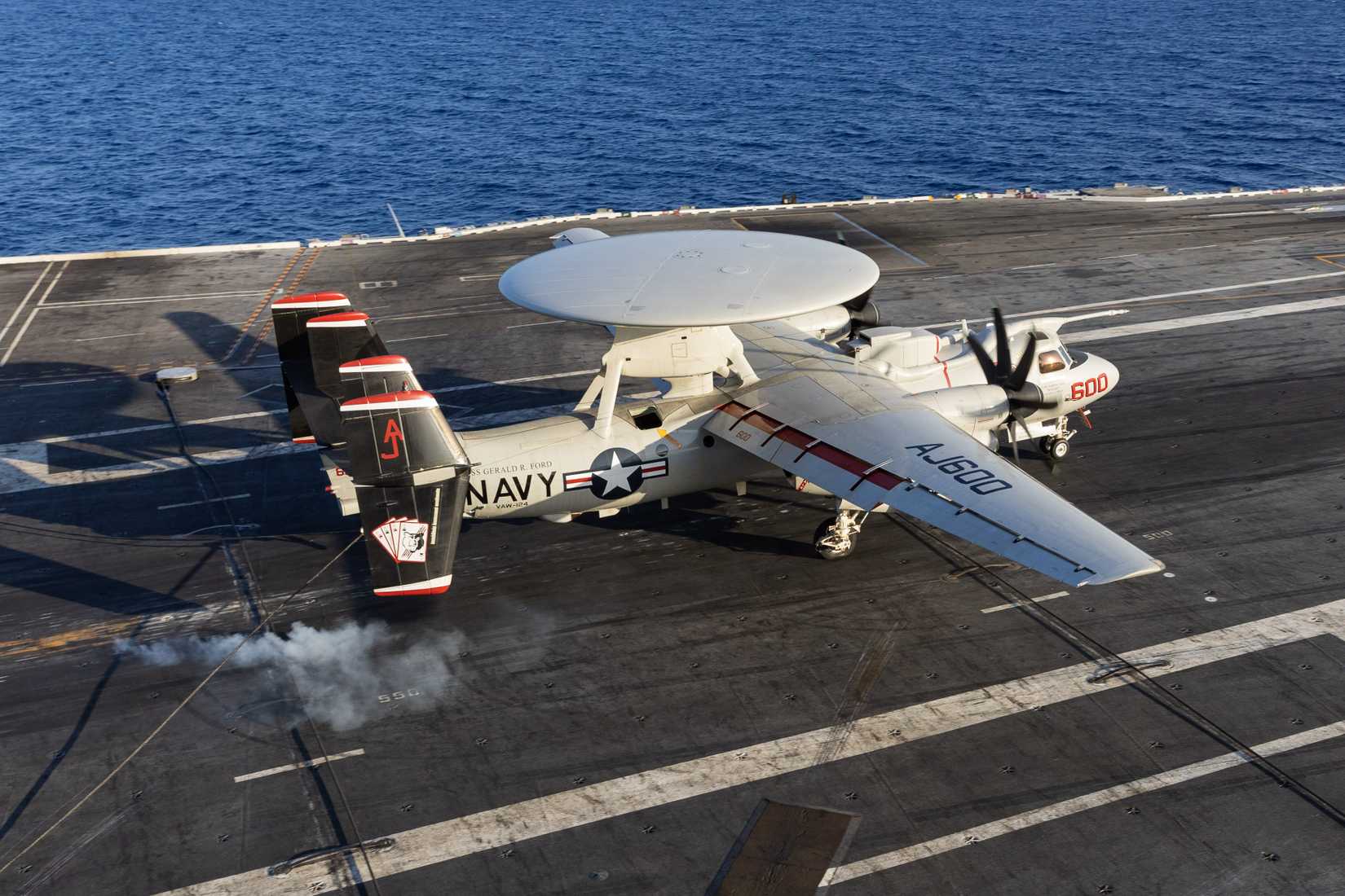 A Carrier Air Wing 8 E-2D Hawkeye, attached to VAW Squadron 124, lands on USS Gerald R. Ford (CVN 78).