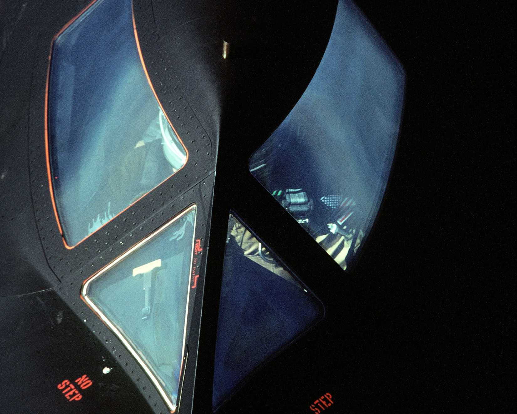 A close-up view of the cockpit of an SR-71 Blackbird strategic reconnaissance aircraft.