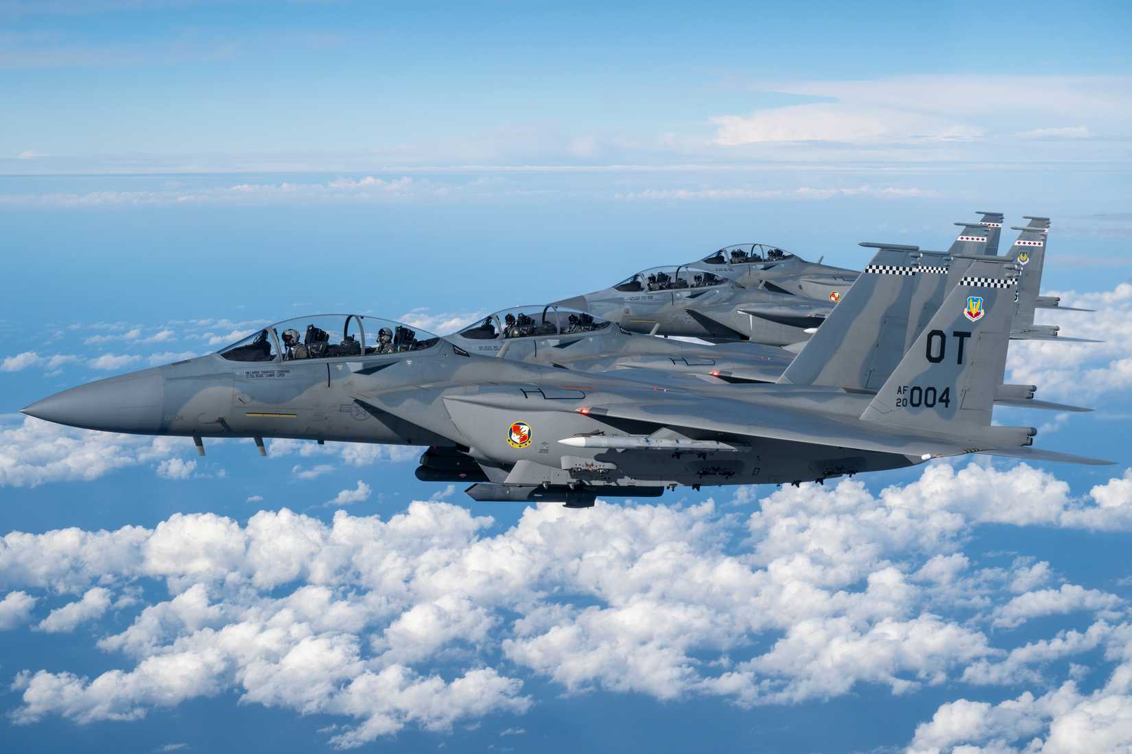 A formation of four US Air Force F-15EX Eagle II fighter jets, assigned to Eglin Air Force Base, Florida.