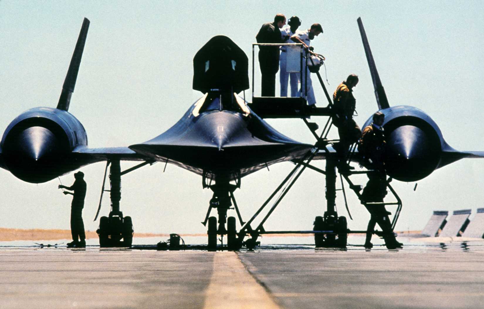 A front view of an SR-71 aircraft undergoing maintenance.