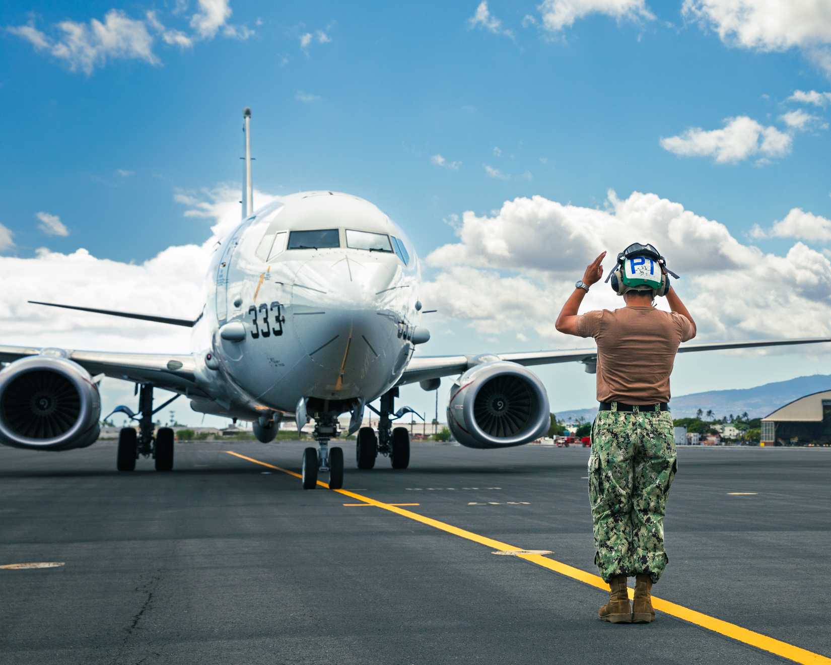 A P-8A Poseidon taxis at Joint Base Pearl Harbor-Hickam, Hawaii, July 26, 2025.