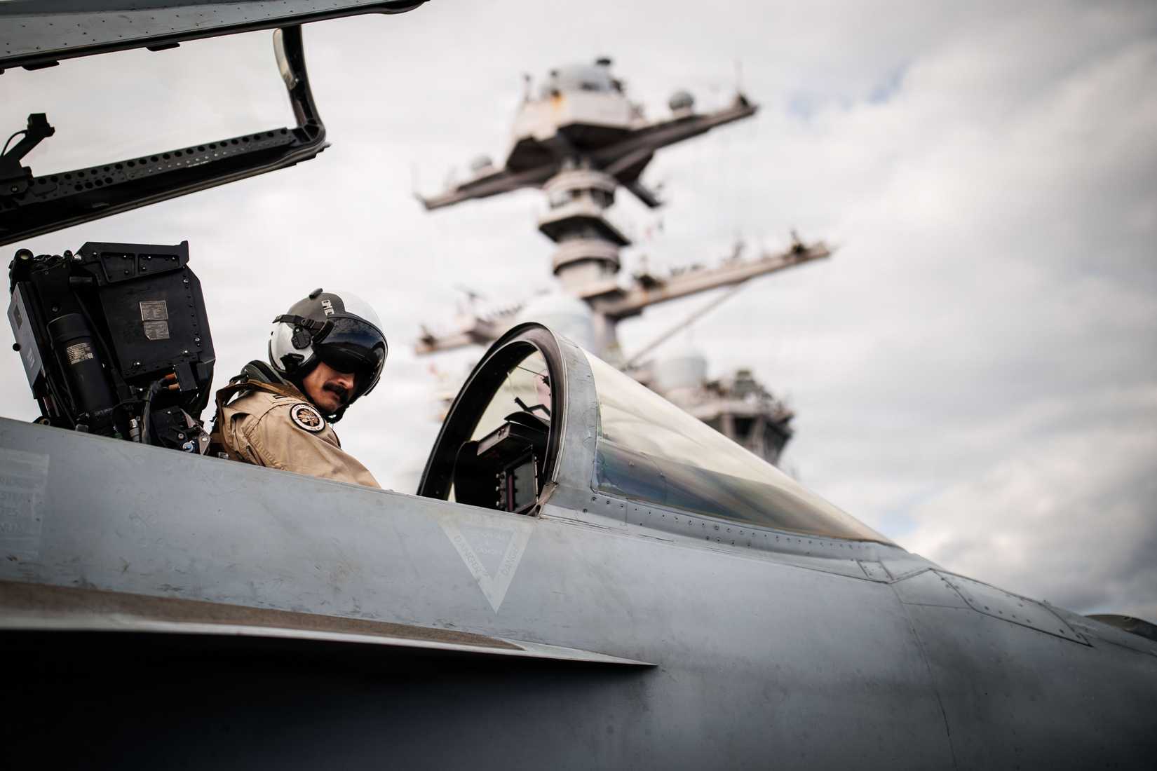 A pilot does preflight checks in an FA-18E Super Hornet aircraft on the flight deck of the world’s largest aircraft carrier, USS Gerald R. Ford (CVN 78).