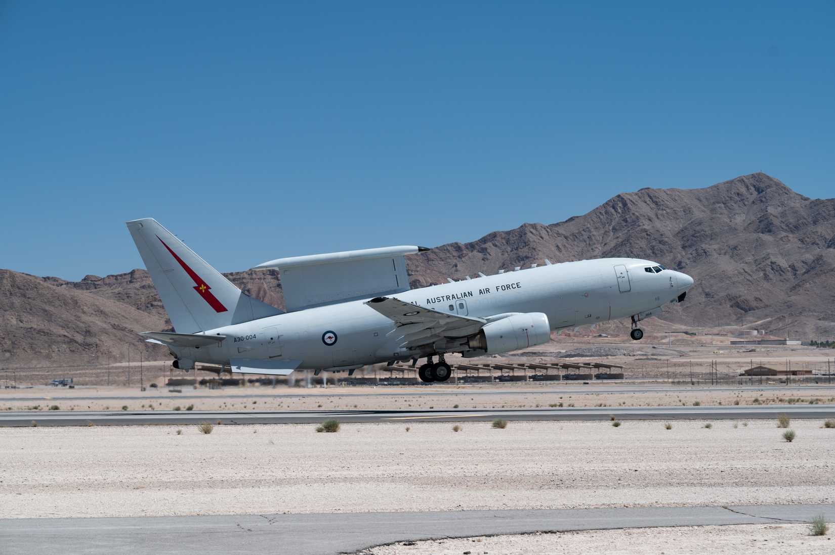 A Royal Australian Air Force E-7 Wedgetail participating in black flag takes off from Nellis Air Force Base, Nevada, May 11, 2021.