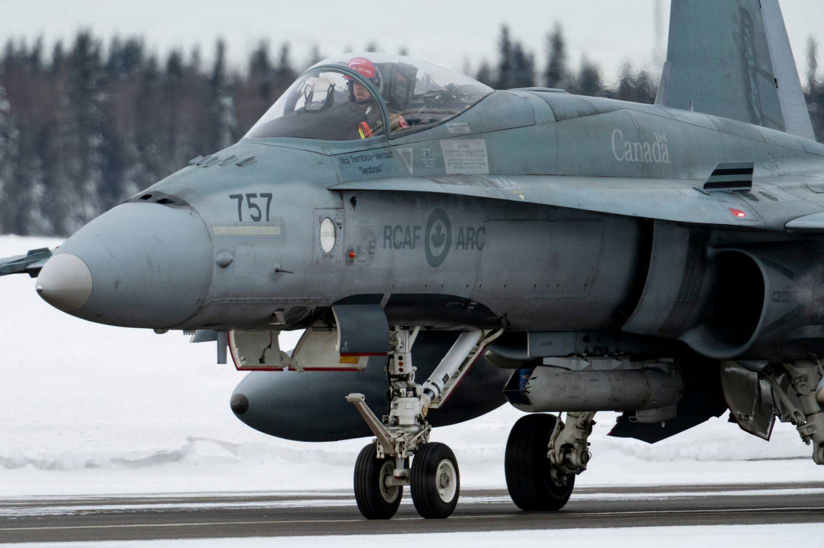 A Royal Canadian Air Force CF-18 Hornet taxis on the flight line at Eielson Air Force Base, Alaska, March 6, 2026.