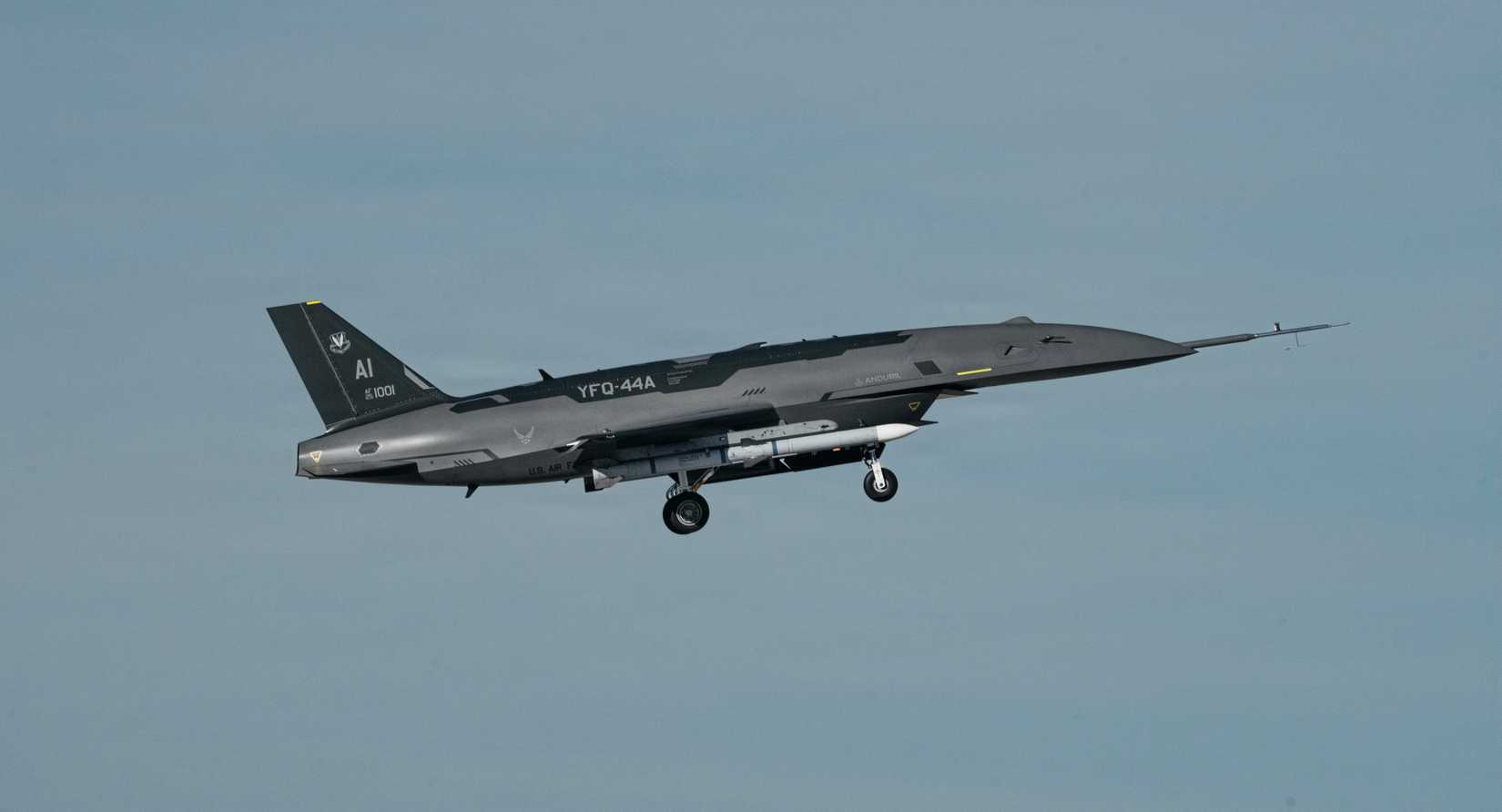 A YFQ-44A, part of the Air Force’s Collaborative Combat Aircraft (CCA) program, undergoes an undated captive carry test at a California test location.