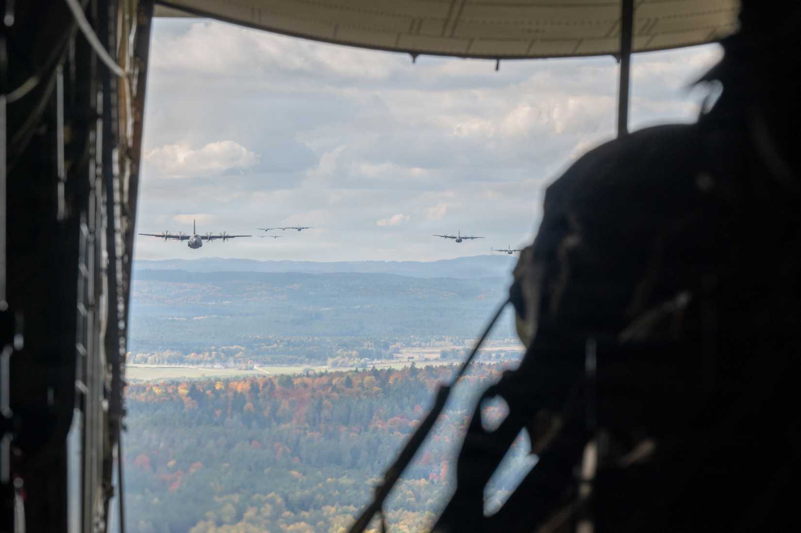 . Air Force C-130J Super Hercules aircraft fly in formation during Maximum Generation at Ramstein Air Base, Germany.