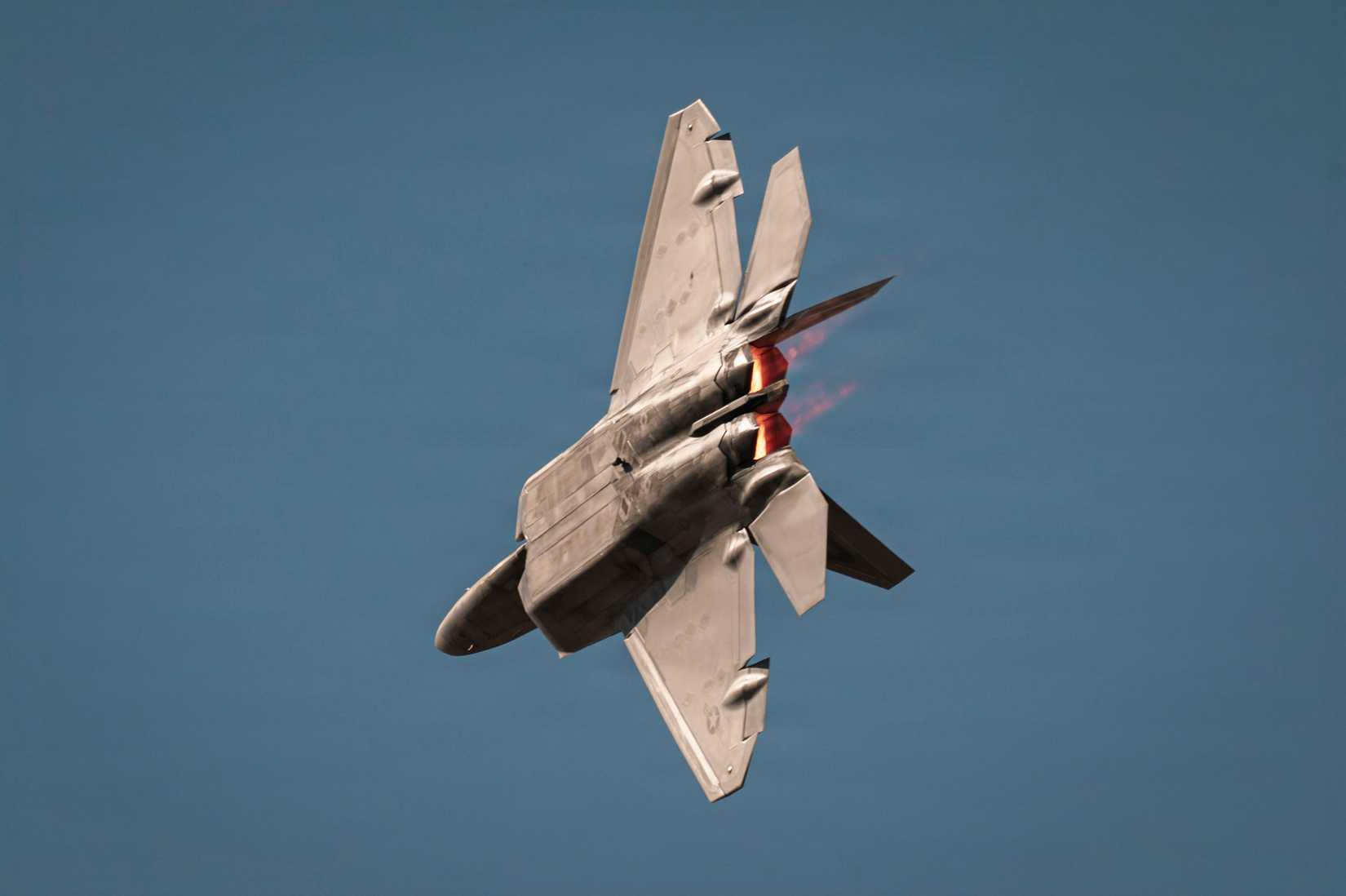 Air Force Capt. Nicholas “Laz” Le Tourneau, F-22 Demonstration Team commander and pilot, performs an aerial maneuver.