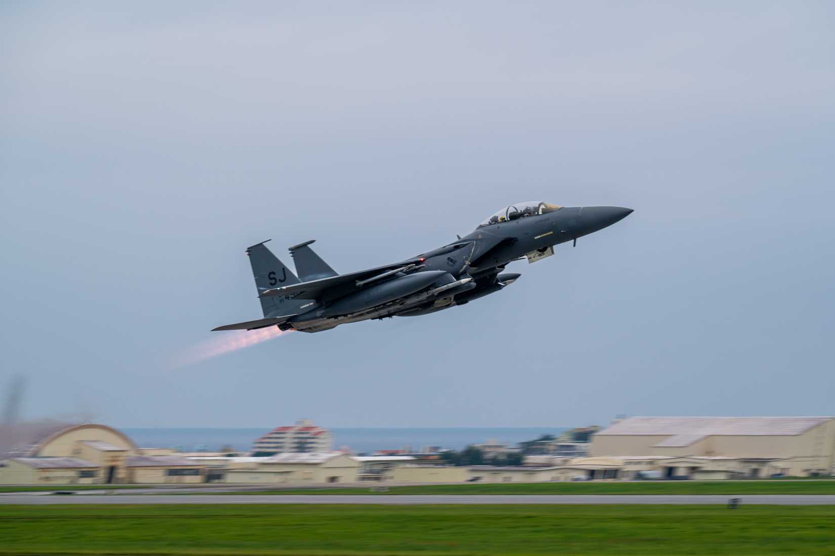 Air Force F-15E Strike Eagle assigned to the 336th Expeditionary Fighter Squadron takes off at Kadena Air Base, Japan, May 13, 2025.