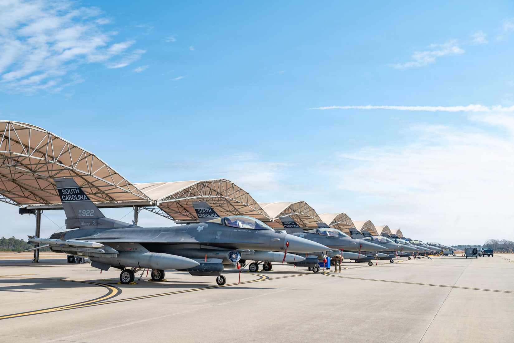 Air Force F-16 Fighting Falcon fighter jets assigned to the South Carolina Air National Guard’s 169th Fighter Wing sit on the flight line at McEntire Joint National Guard Base.