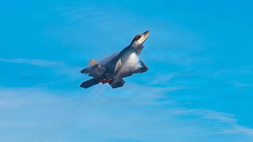 Air Force F-22 Raptors assigned to the 1st Fighter Wing, Joint Base Langley-Eustis, Virginia, takes off.