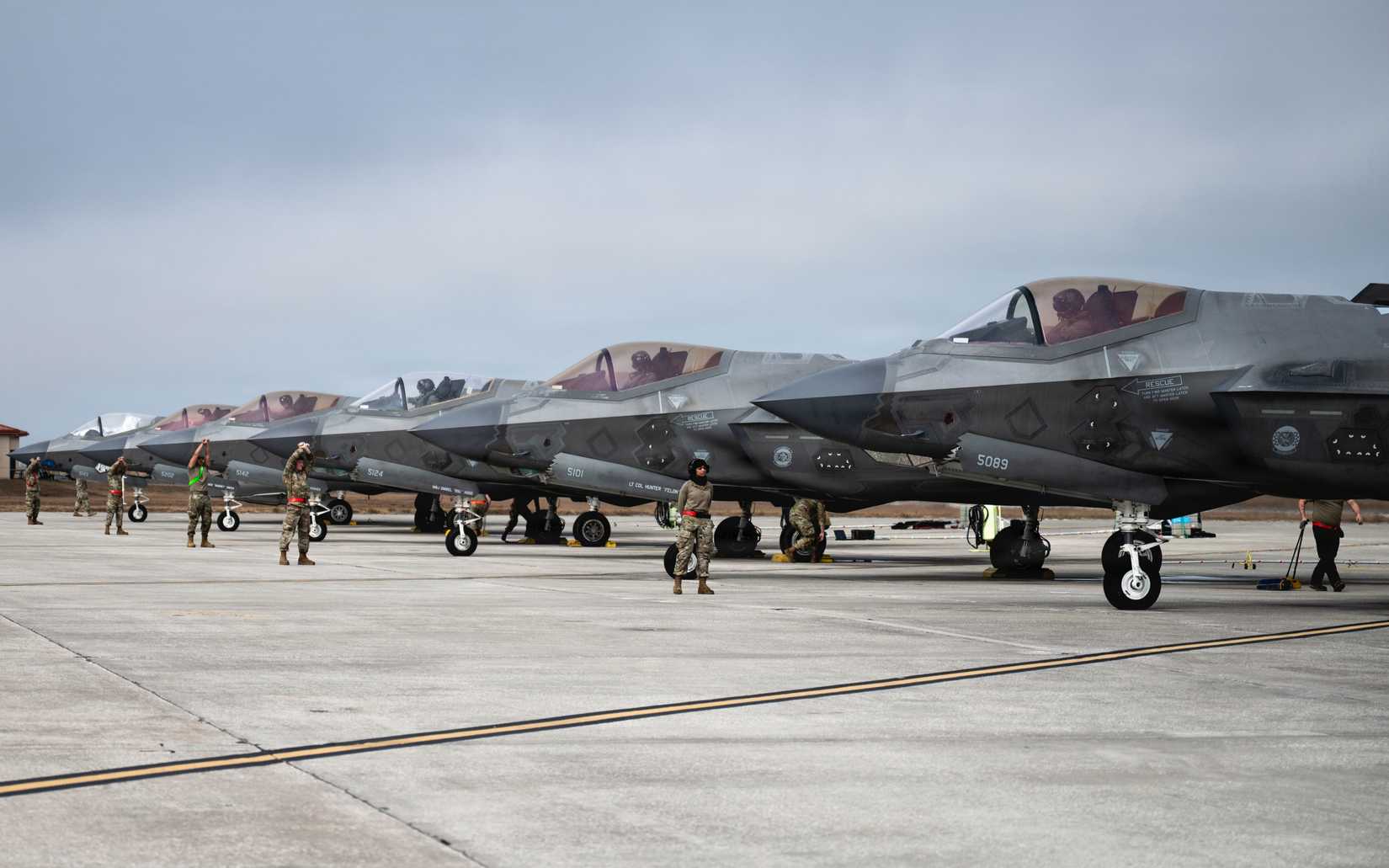 Air Force F-35A Lightning IIs assigned to the 33rd Fighter Wing, Eglin Air Force Base, Florida, prepares to taxi on the flightline.